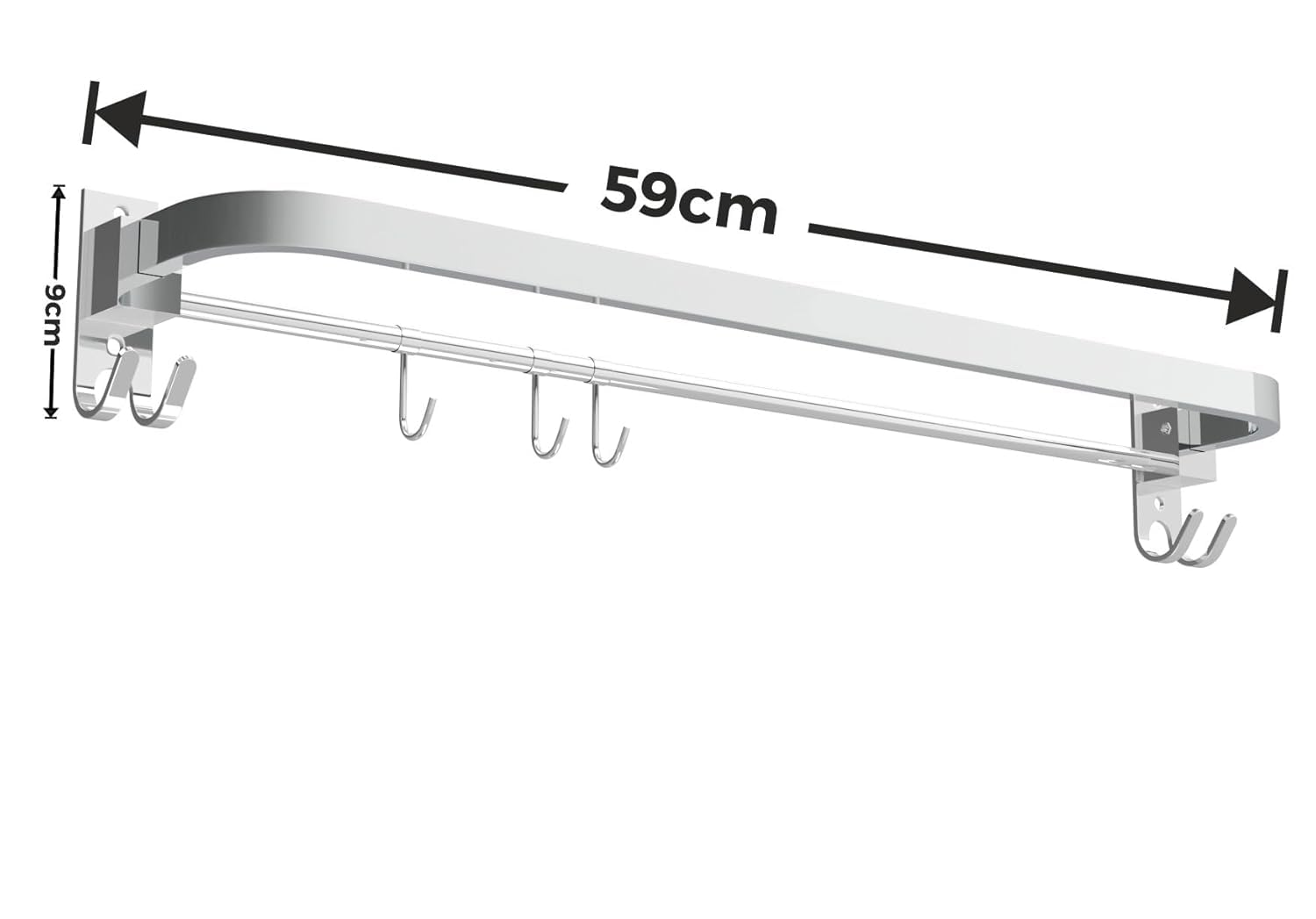 Chrome wall-mounted rack with hooks and measurements on a white background