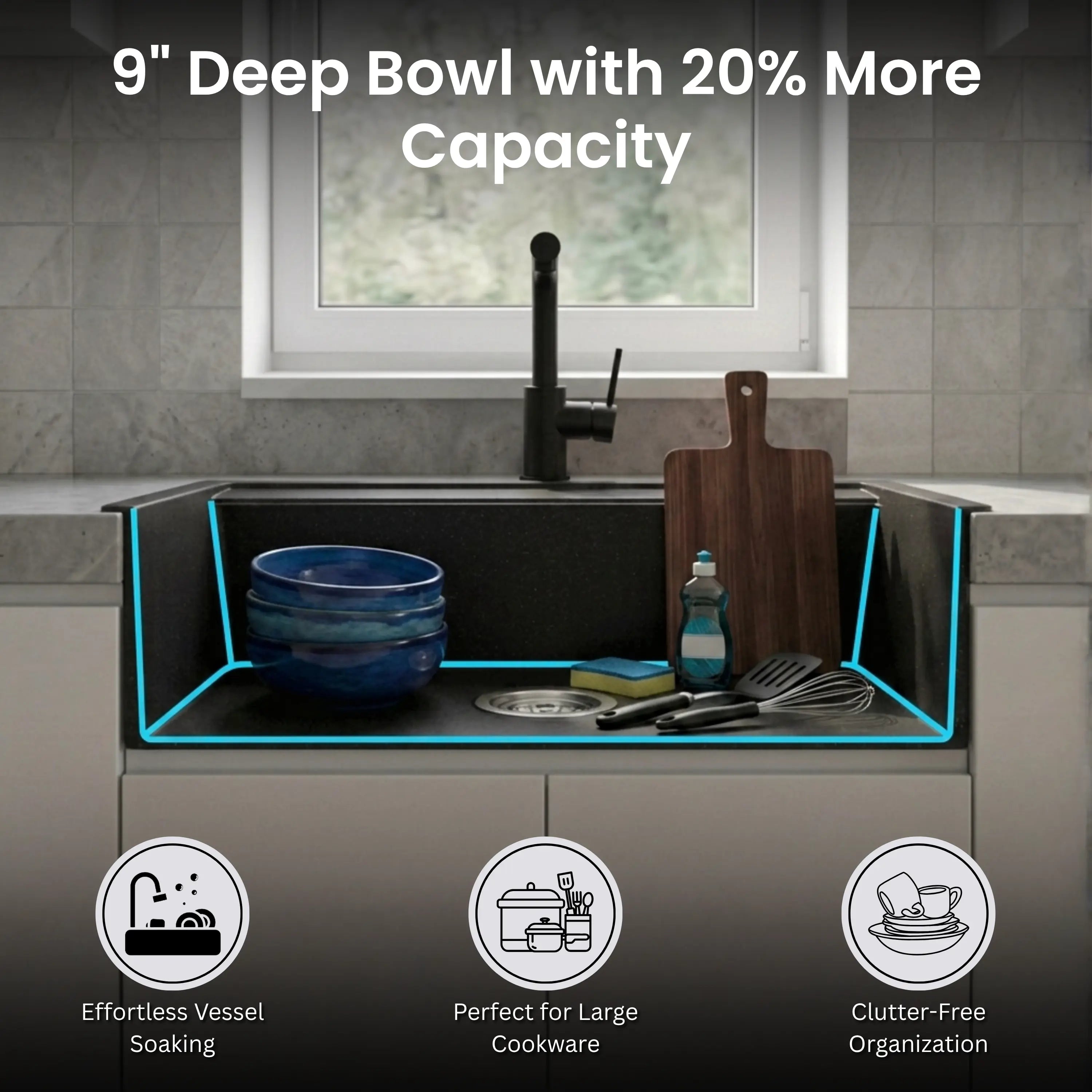 Gloxy Premium Granite Quartz Kitchen Sink 16" x 18" x 9" - Black Matte Finish