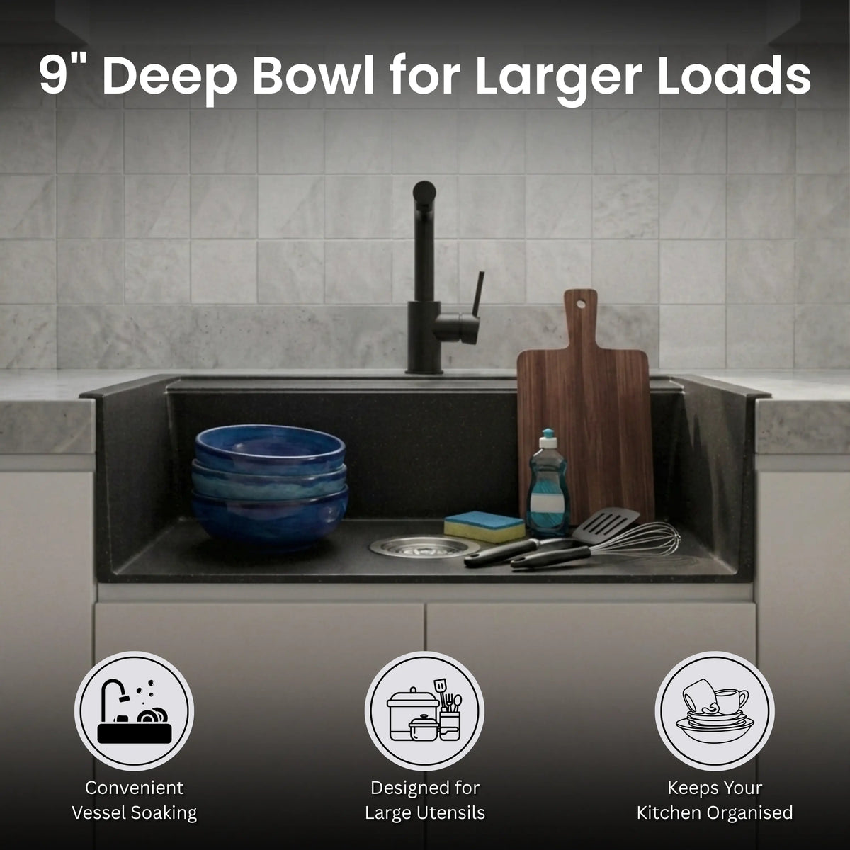 Gloxy Premium Granite Quartz Kitchen Sink 16" x 18" x 9" - Black Matte Finish