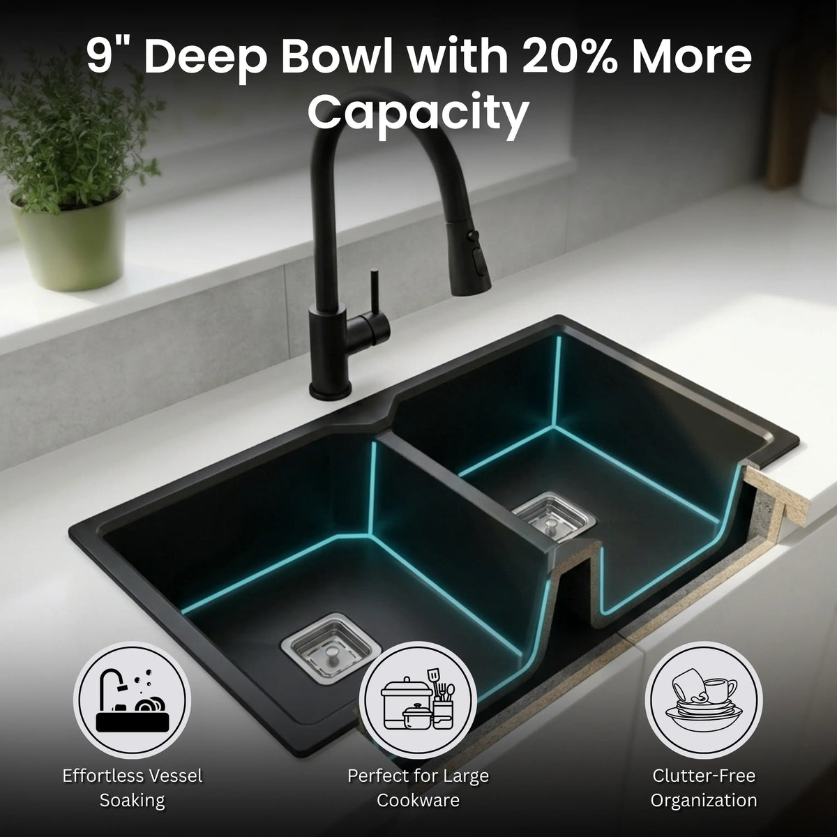 GLOXY Premium Quartz Granite Double Bowl Kitchen Sink 37x18x9 Inches