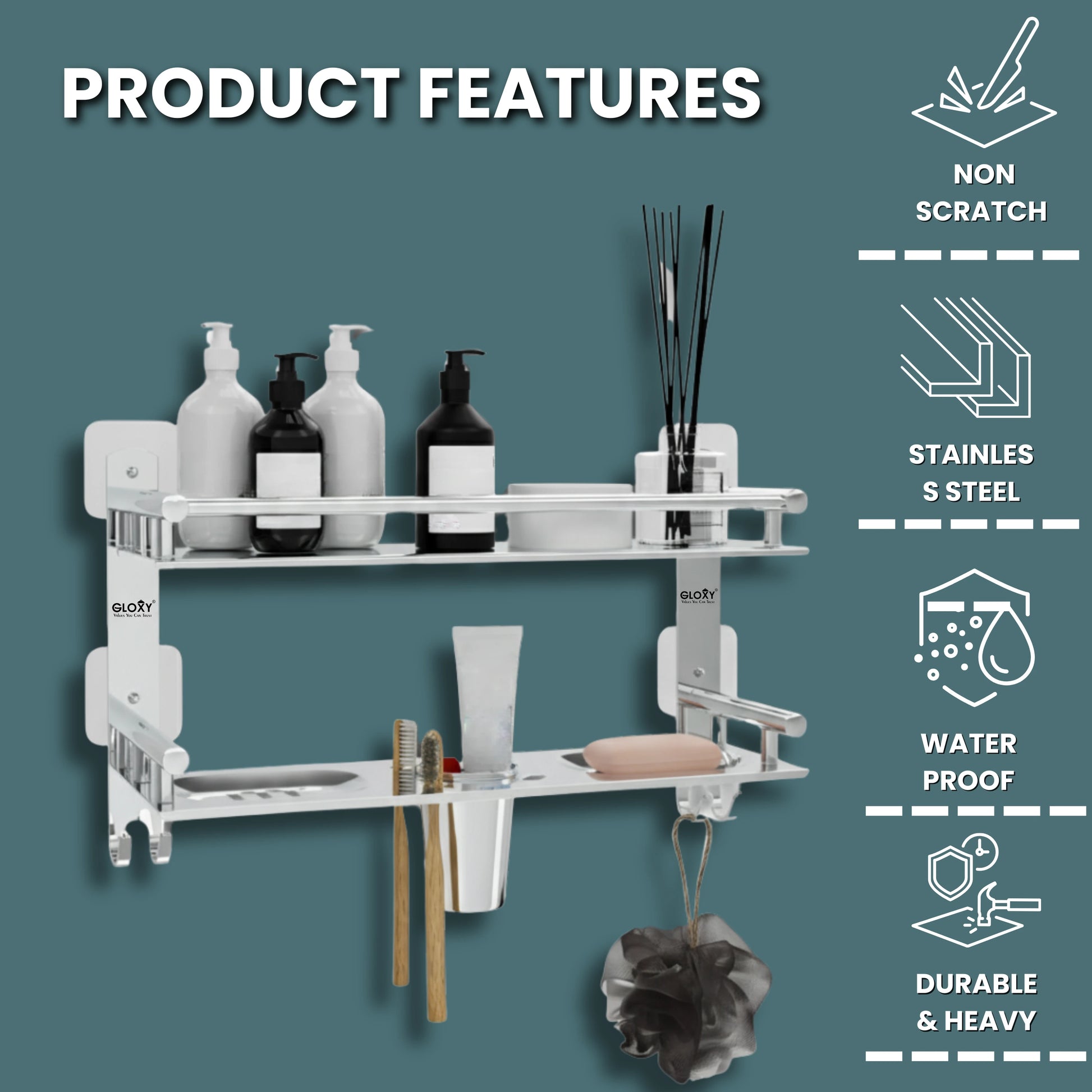 Gloxy Stainless Steel 2-Layer Chrome Finish Bathroom Shelf with Soap Dish, Tumbler Holder, Hooks-Adhesive Sticker Installation