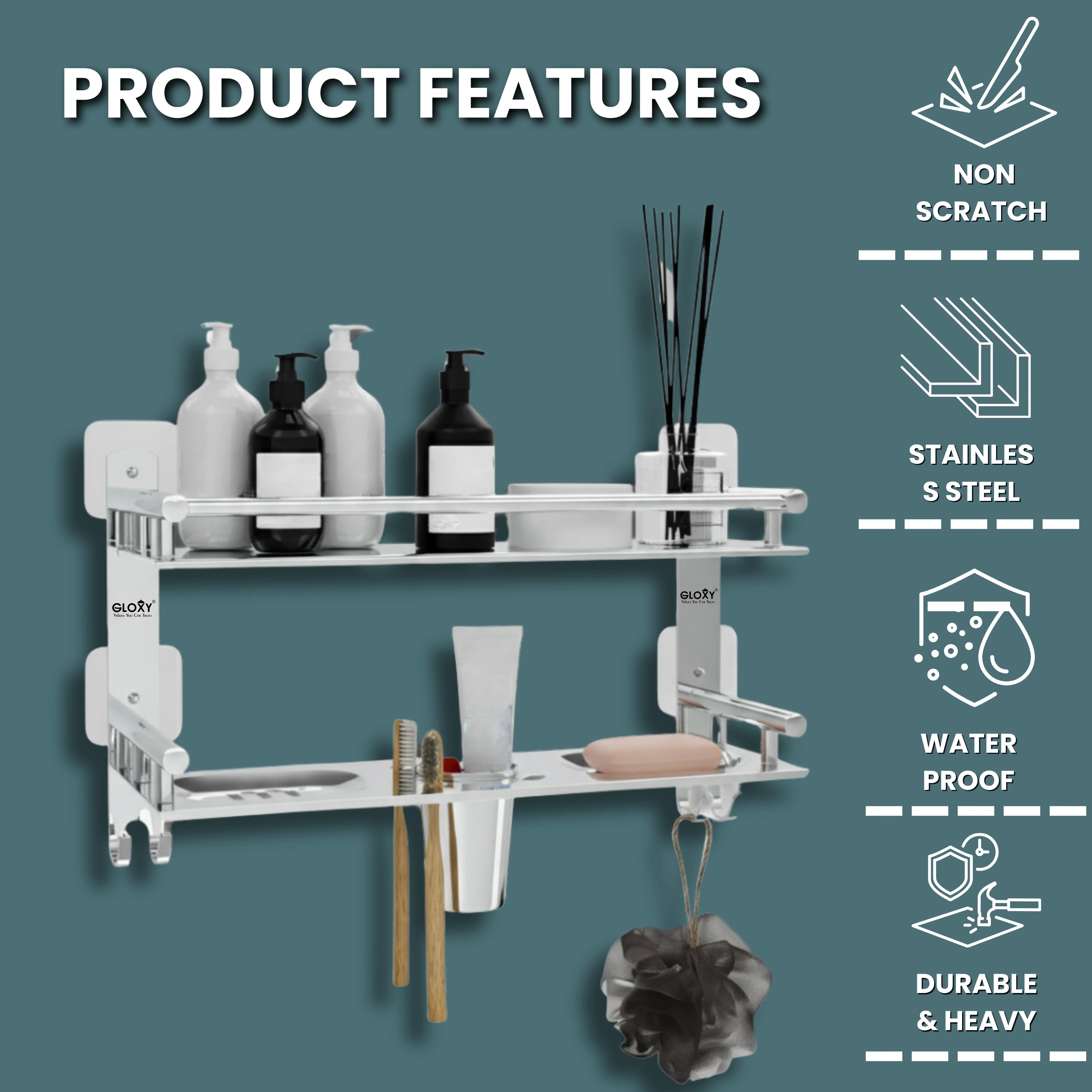 Gloxy Stainless Steel 2-Layer Chrome Finish Bathroom Shelf with Soap Dish, Tumbler Holder, Hooks-Adhesive Sticker Installation