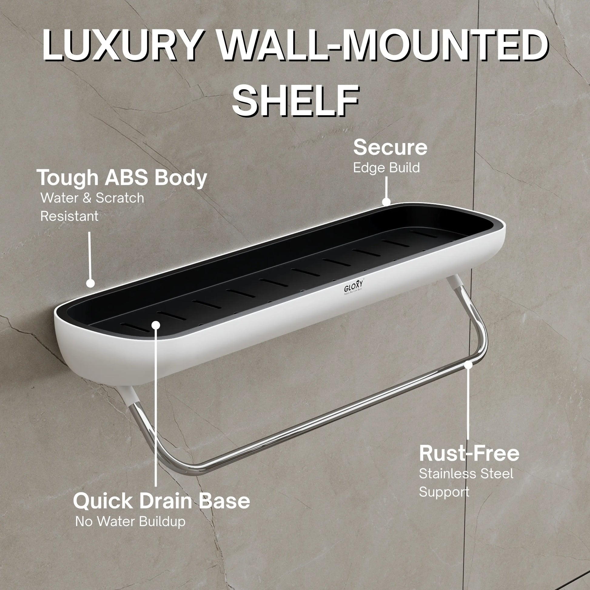 Luxury wall-mounted shelf with features highlighted on a neutral background