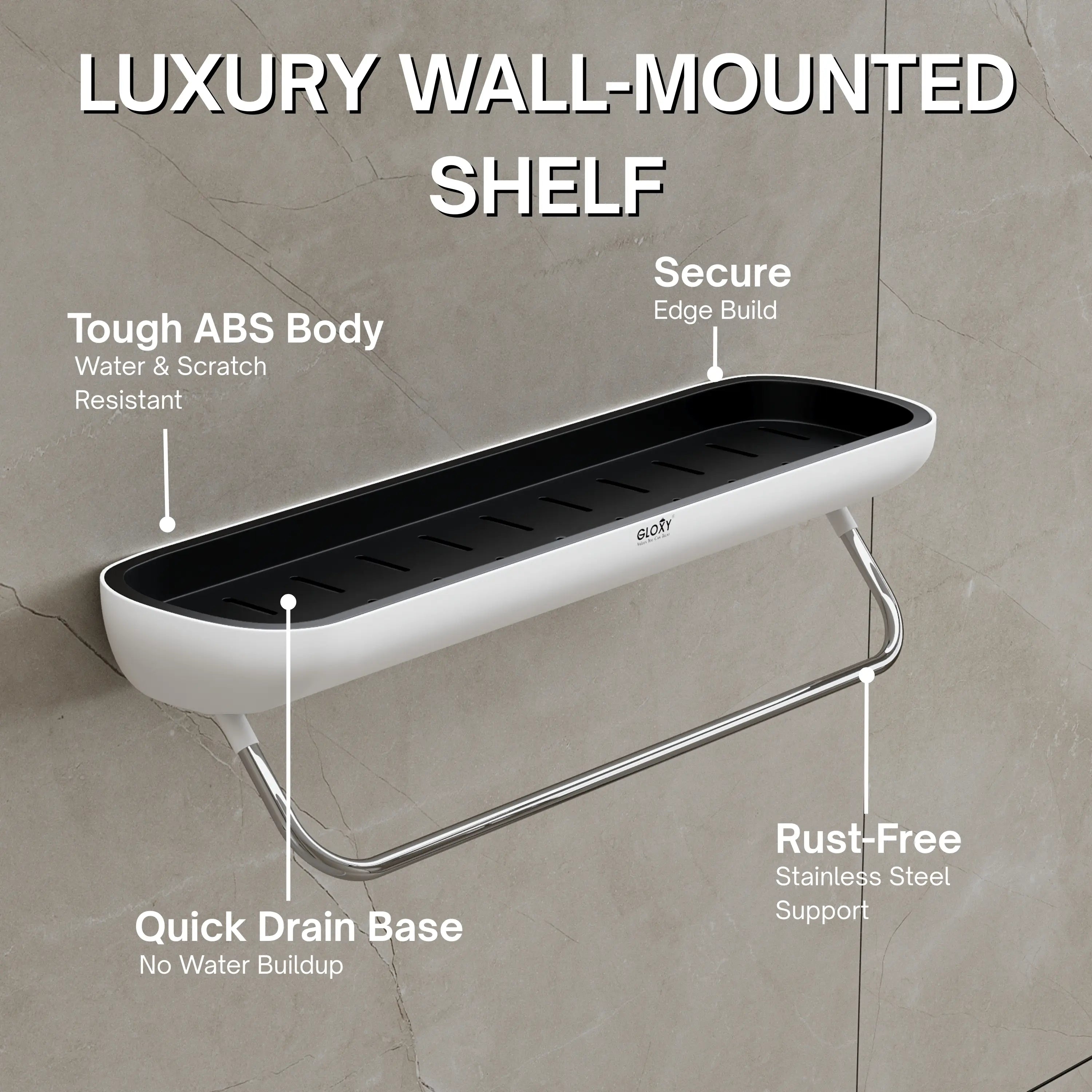 Luxury wall-mounted shelf with features highlighted on a neutral background