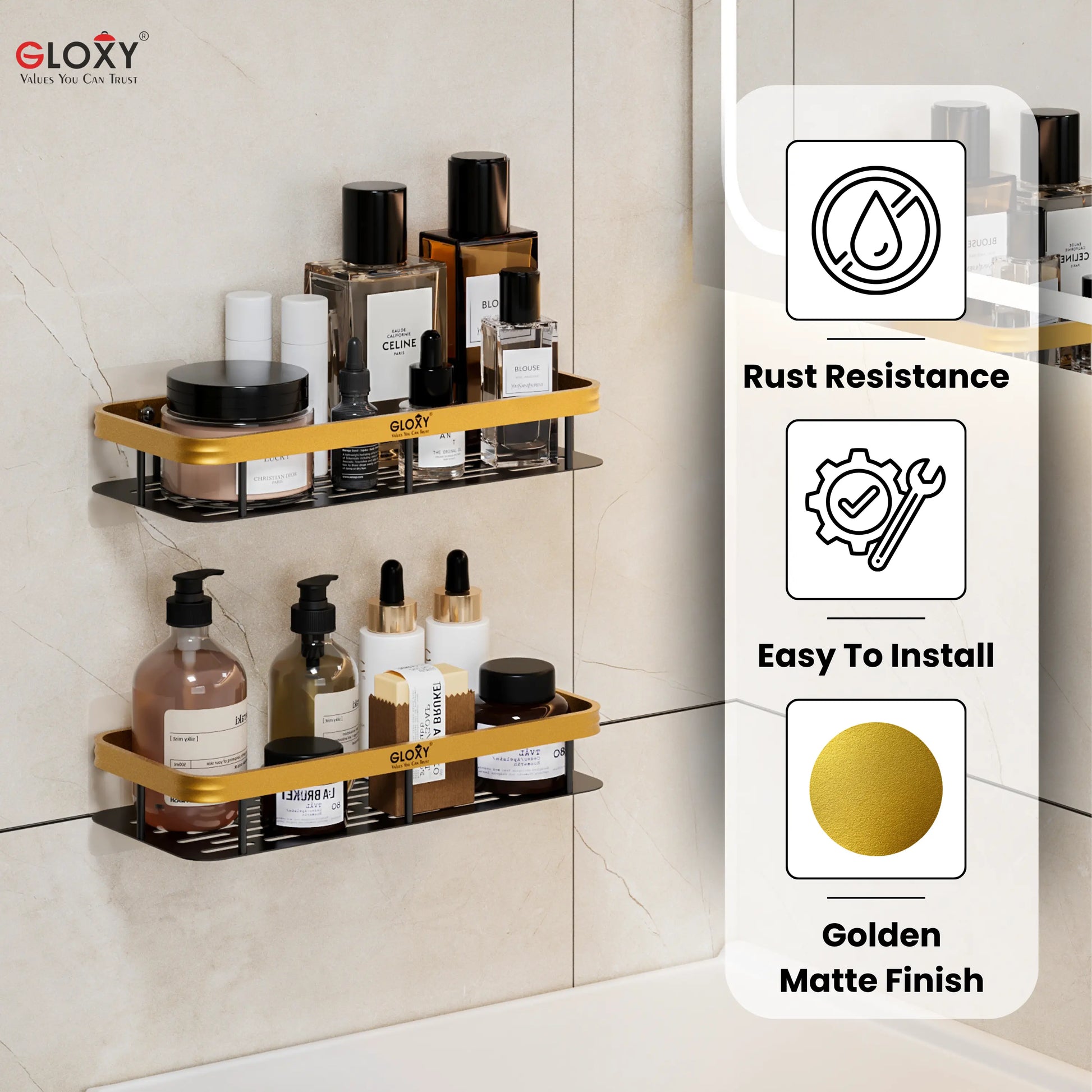 GLOXY wall-mounted shelf with bathroom products against a tiled wall, featuring rust resistance, easy installation, and golden matte finish icons.