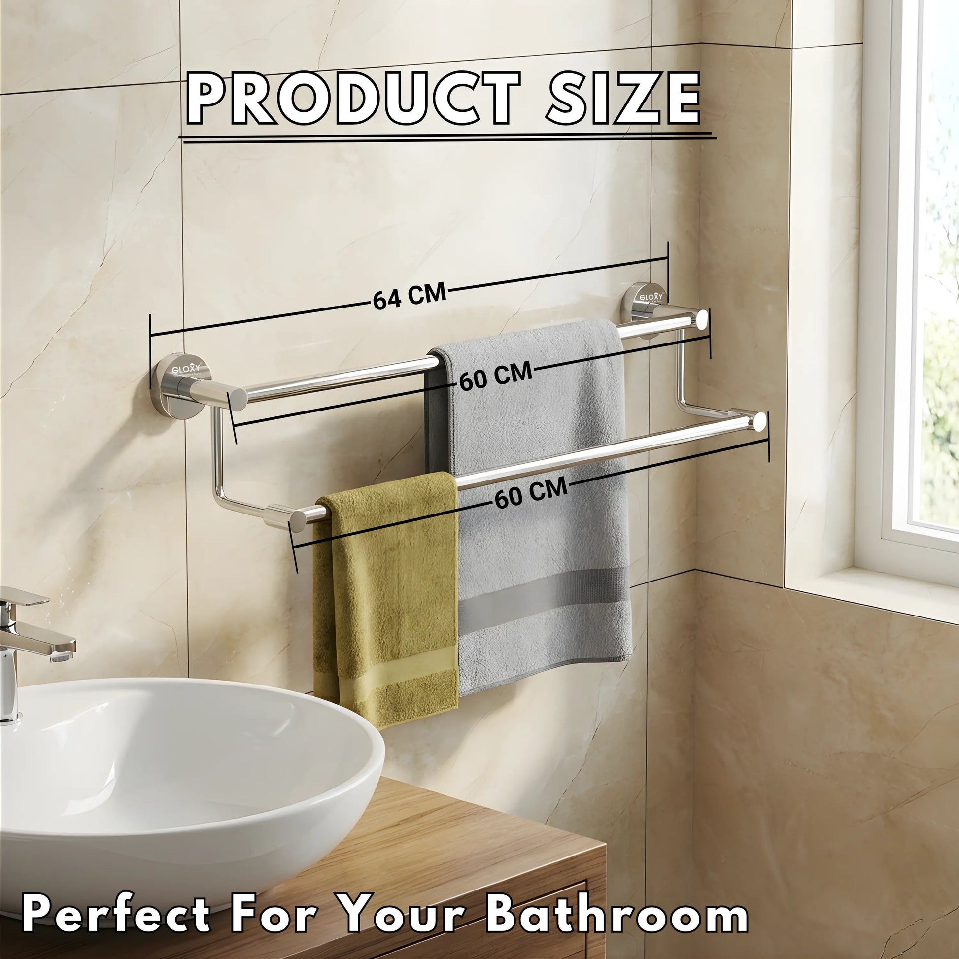 Gloxy Stainless Steel Chrome Finish 2 Layer Towel Rod for Bathroom -24 Inch