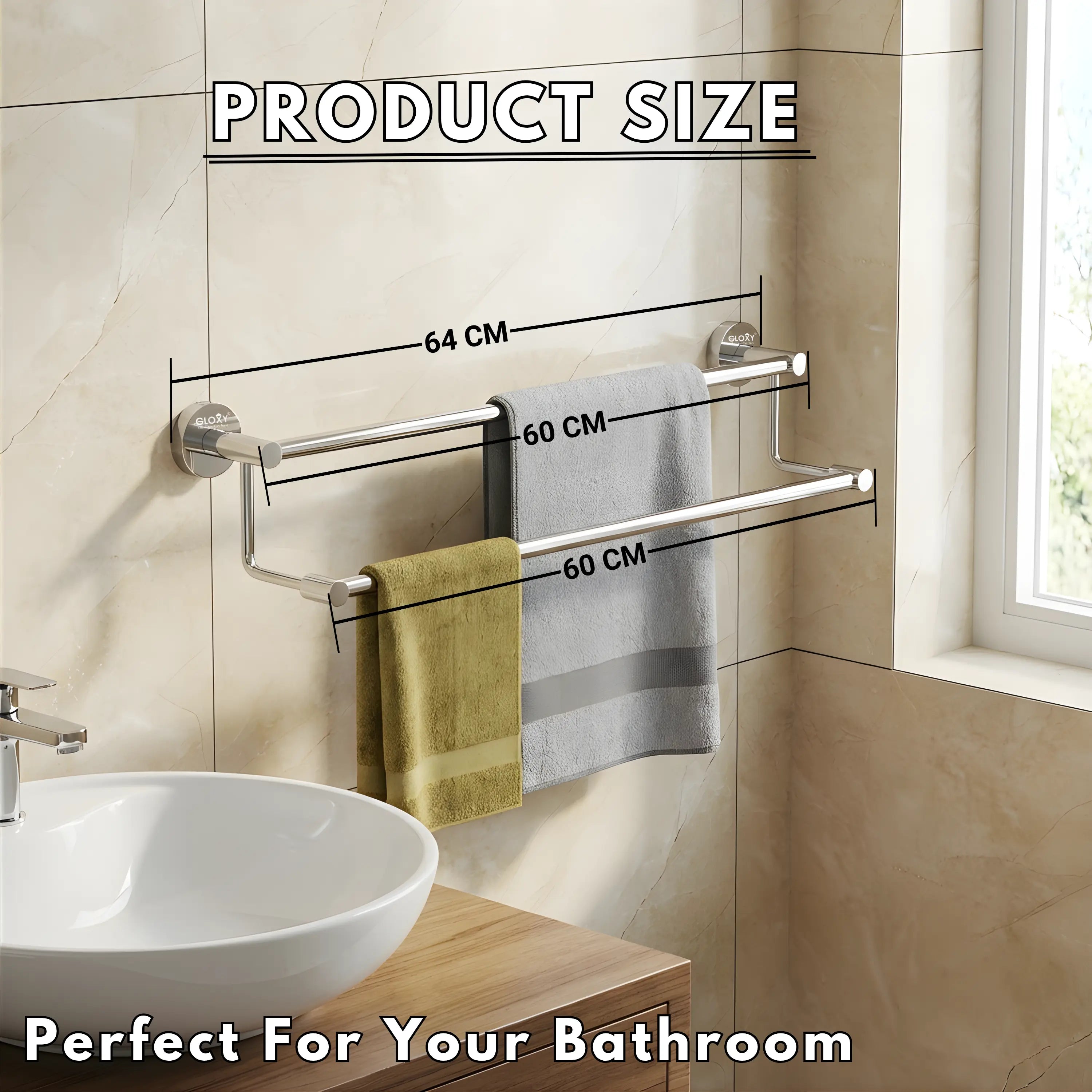Gloxy Stainless Steel Chrome Finish 2 Layer Towel Rod for Bathroom -24 Inch
