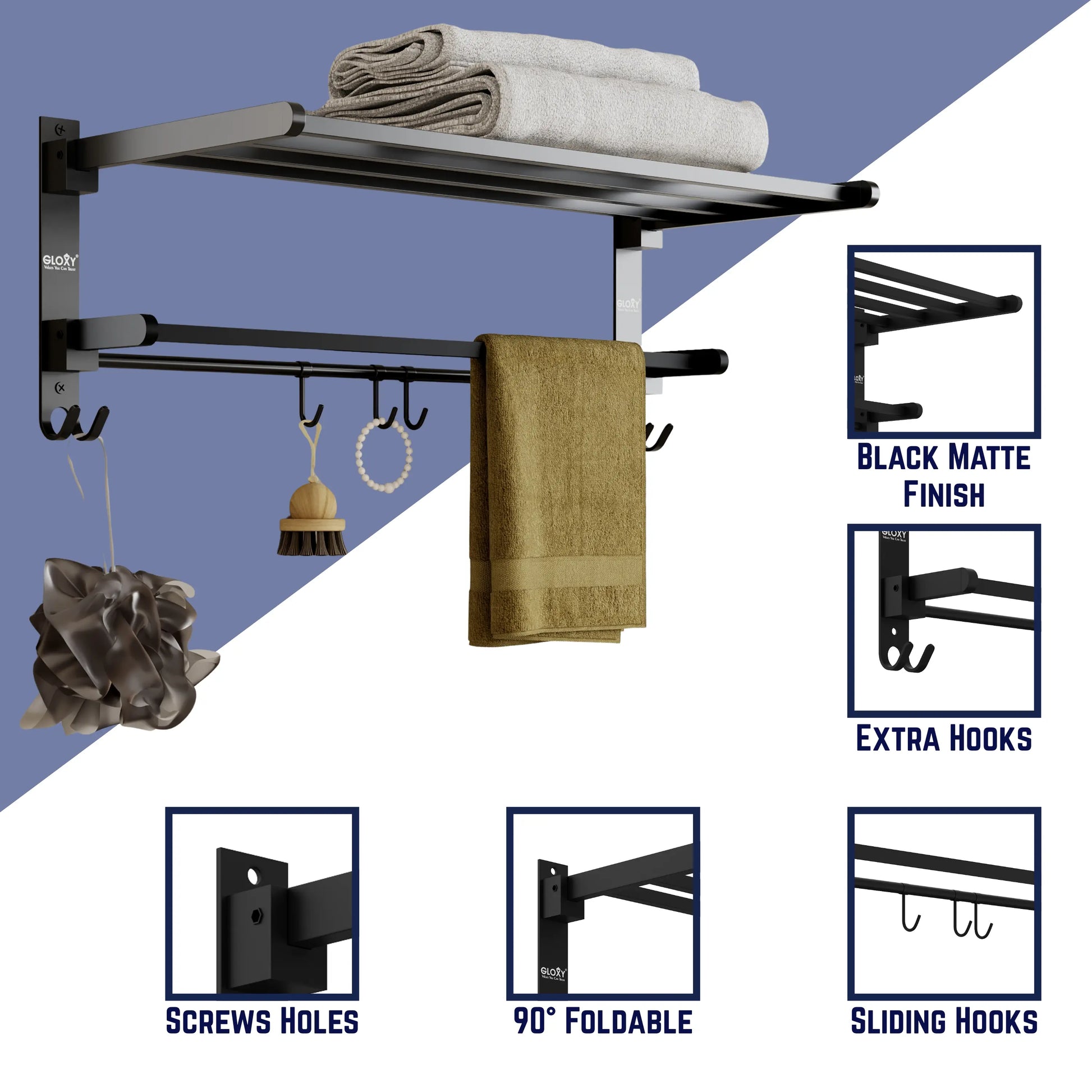 Gloxy Rectangular Shape Stainless Steel Black Finsih Folding 24 Inch Towel Rack For Bathroom