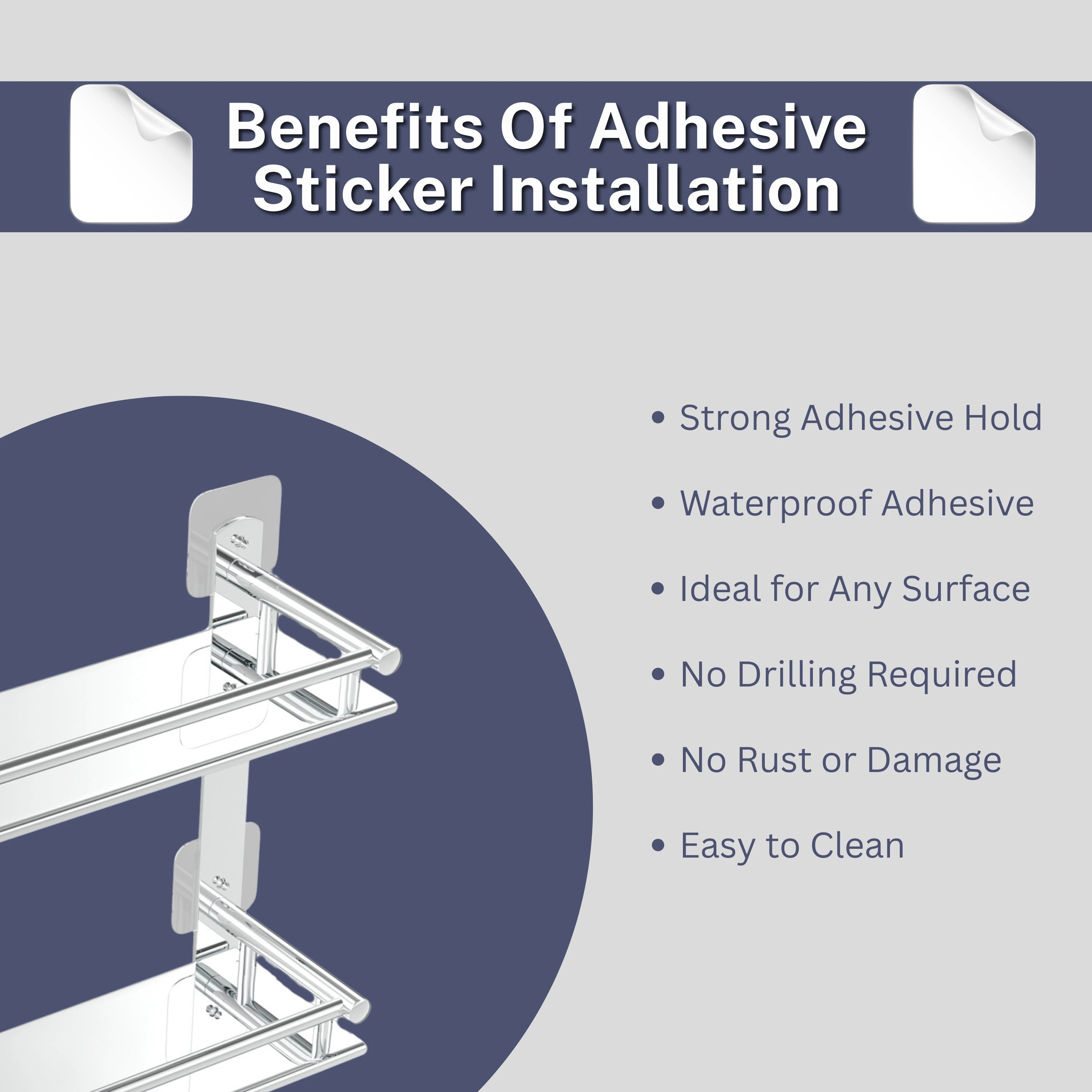 Gloxy Stainless Steel 3-Layer Chrome Finish Bathroom Shelf with Towel Holder-Adhesive Sticker Installation