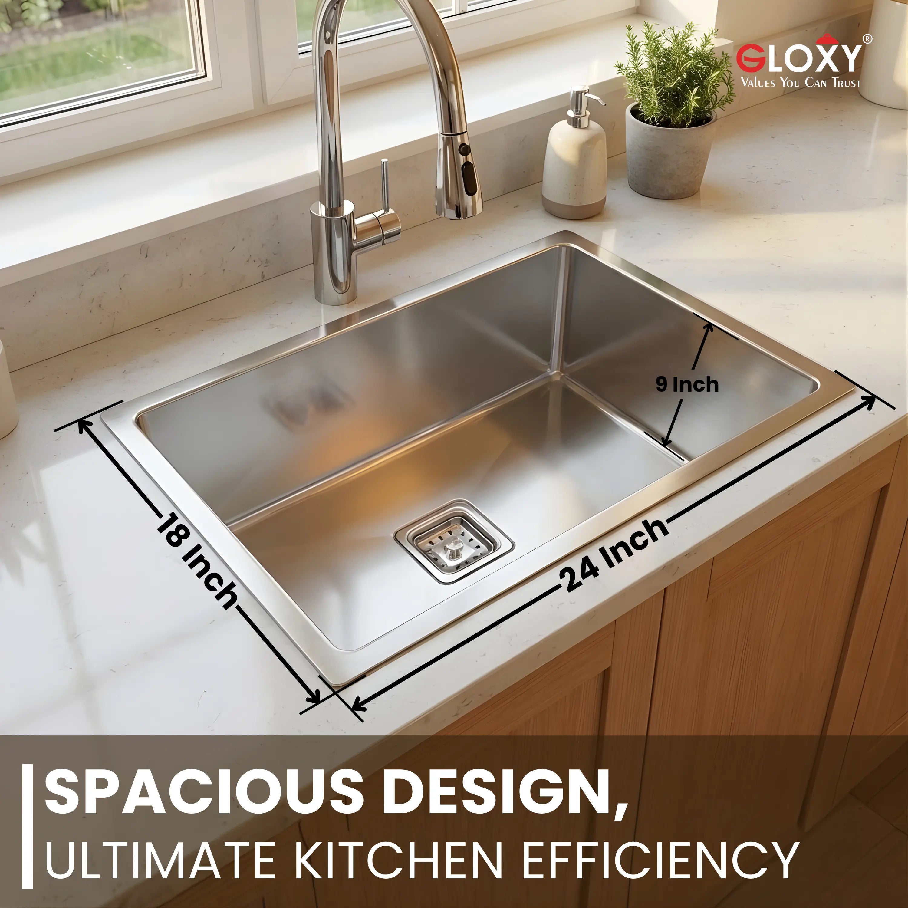 Gloxy Single Bowl 304 Stainless Steel Sink For Kitchen 24x18x10 Inch- Silver