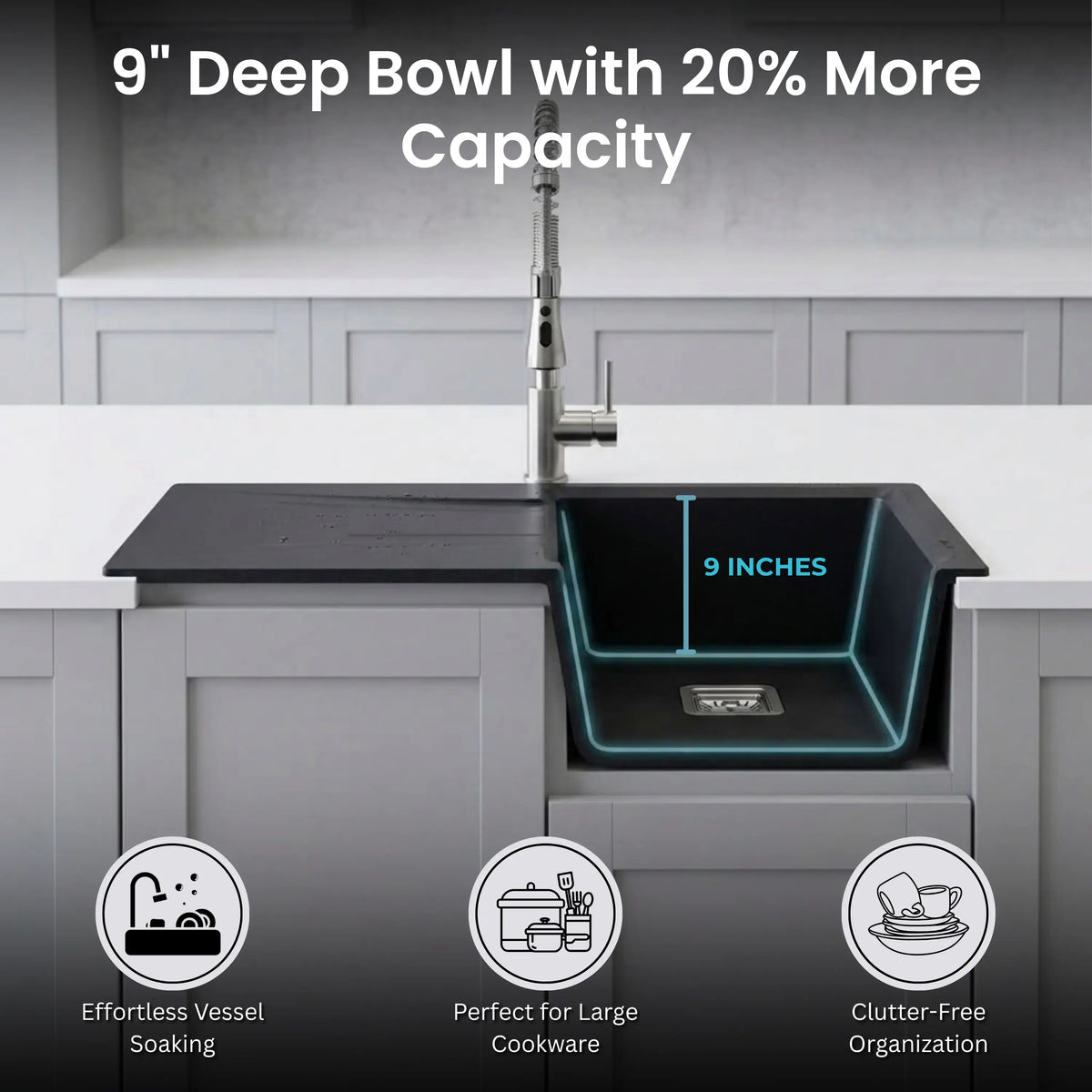 Gloxy Quartz Granite Single Bowl Kitchen Sink with Drain Board | 36 × 18 × 9 Inches (Black Matte)