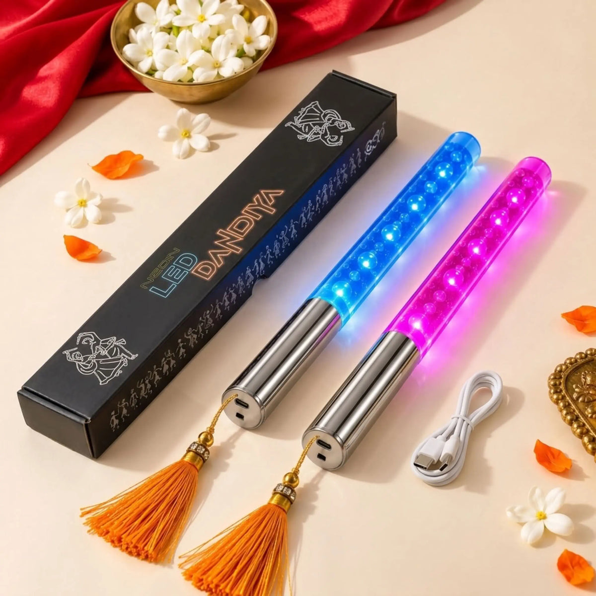 Multi Colour LED Dandiya Sticks for Garba & Navratri – Rechargeable Colour Changing Light Up Dandiya | Silver Colour