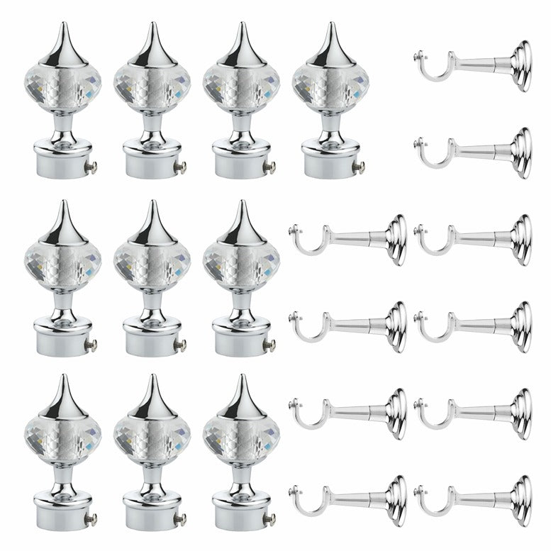 Gloxy Single Diamond Aluminium Curtain Rod Finials with Support– Silver 5 Pair