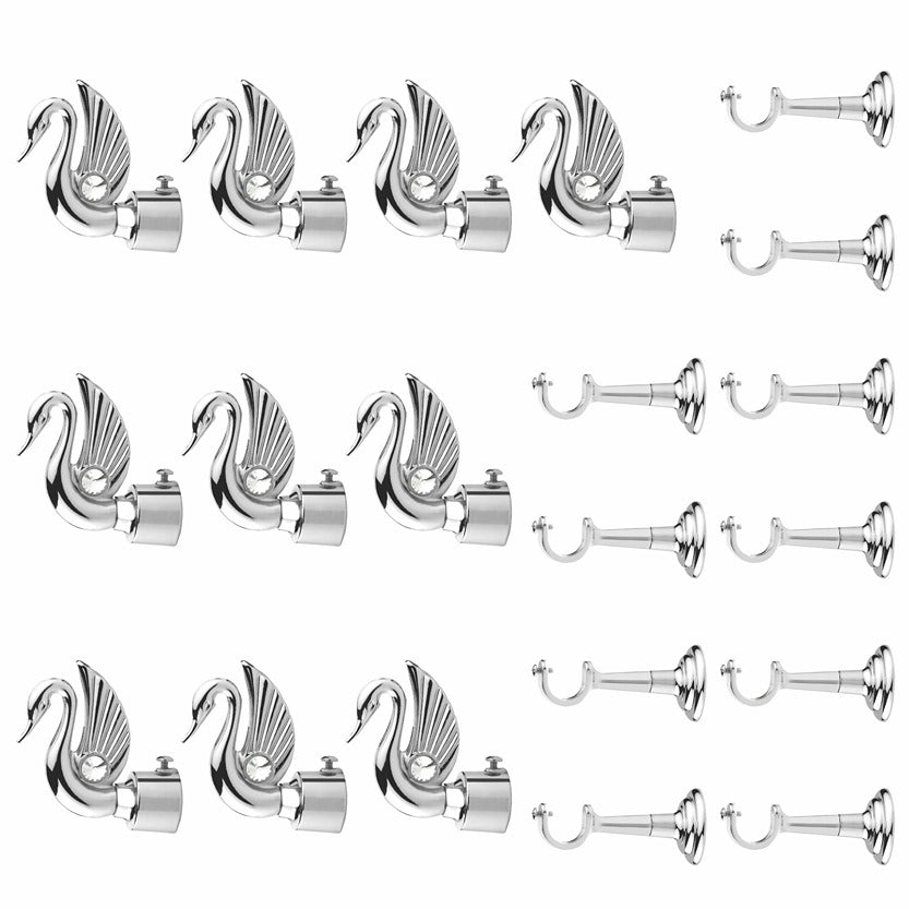 Gloxy Swan Bird Design Aluminium Curtain Rod Finials with Support– Silver 5 Pair