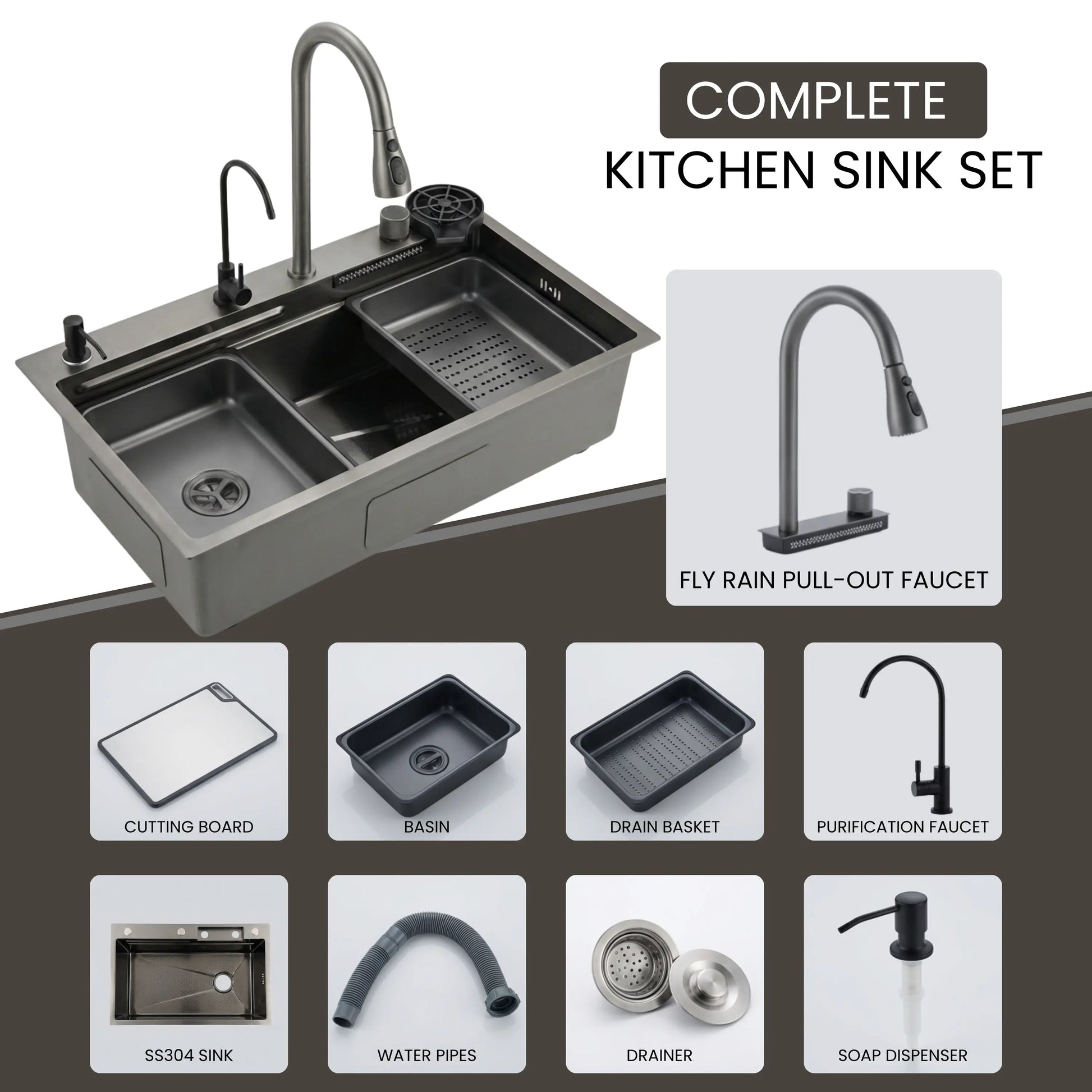 GLOXY Stainless Steel Waterfall Sink With Waterfall Faucet,RO Tap