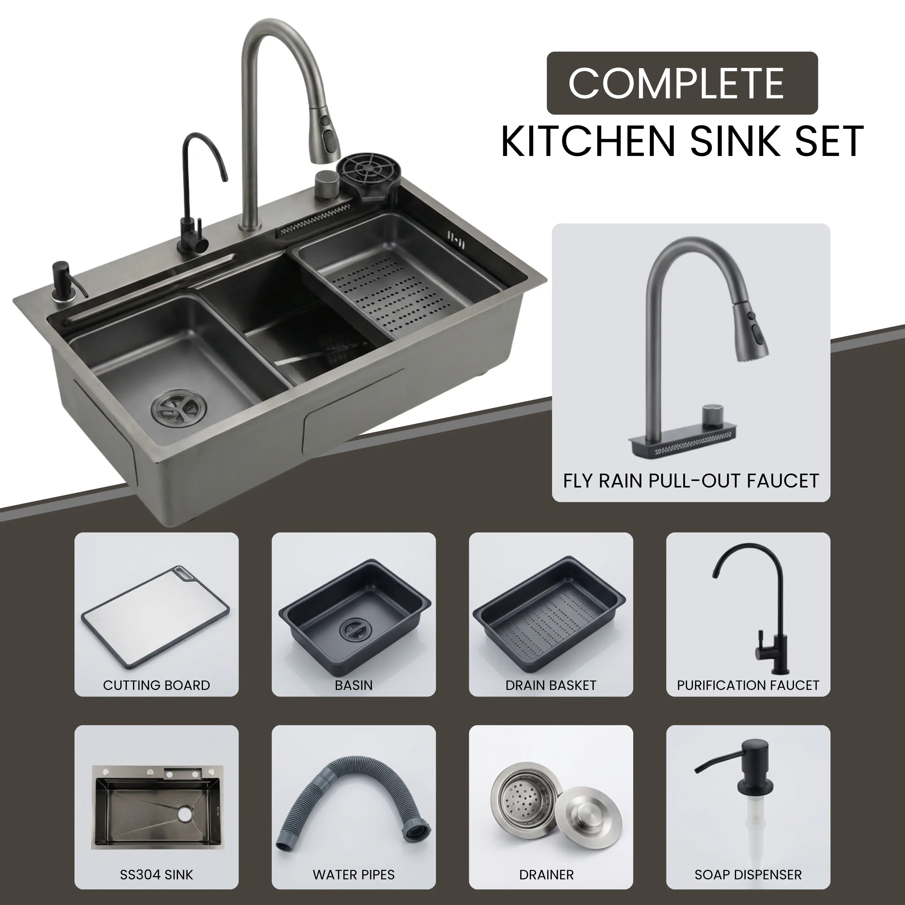 GLOXY Stainless Steel Waterfall Sink With Waterfall Faucet,RO Tap