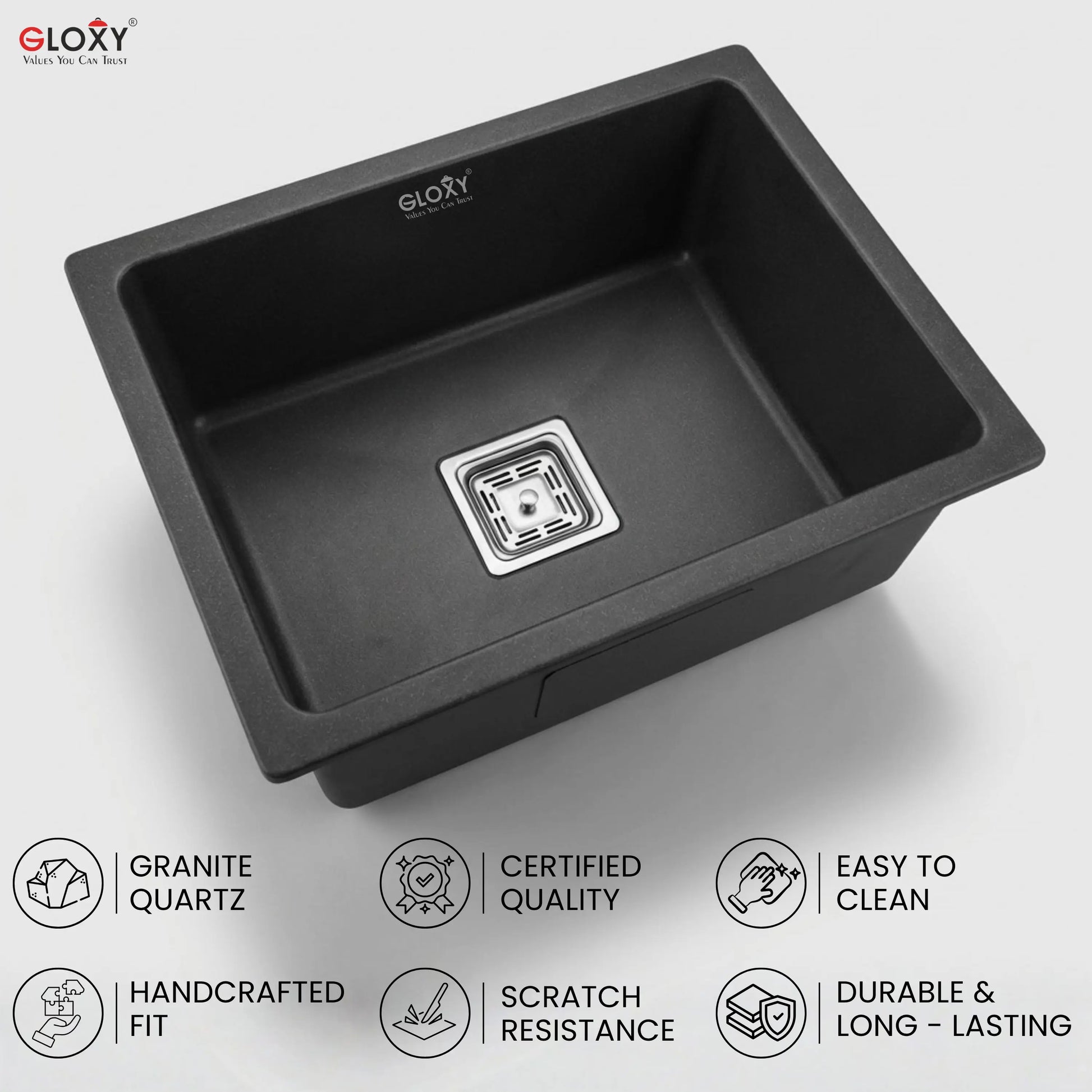 Gloxy Stainless Steel Handmade Single Bowl Quartz Sink For Kitchen 16x18 Inch-Black