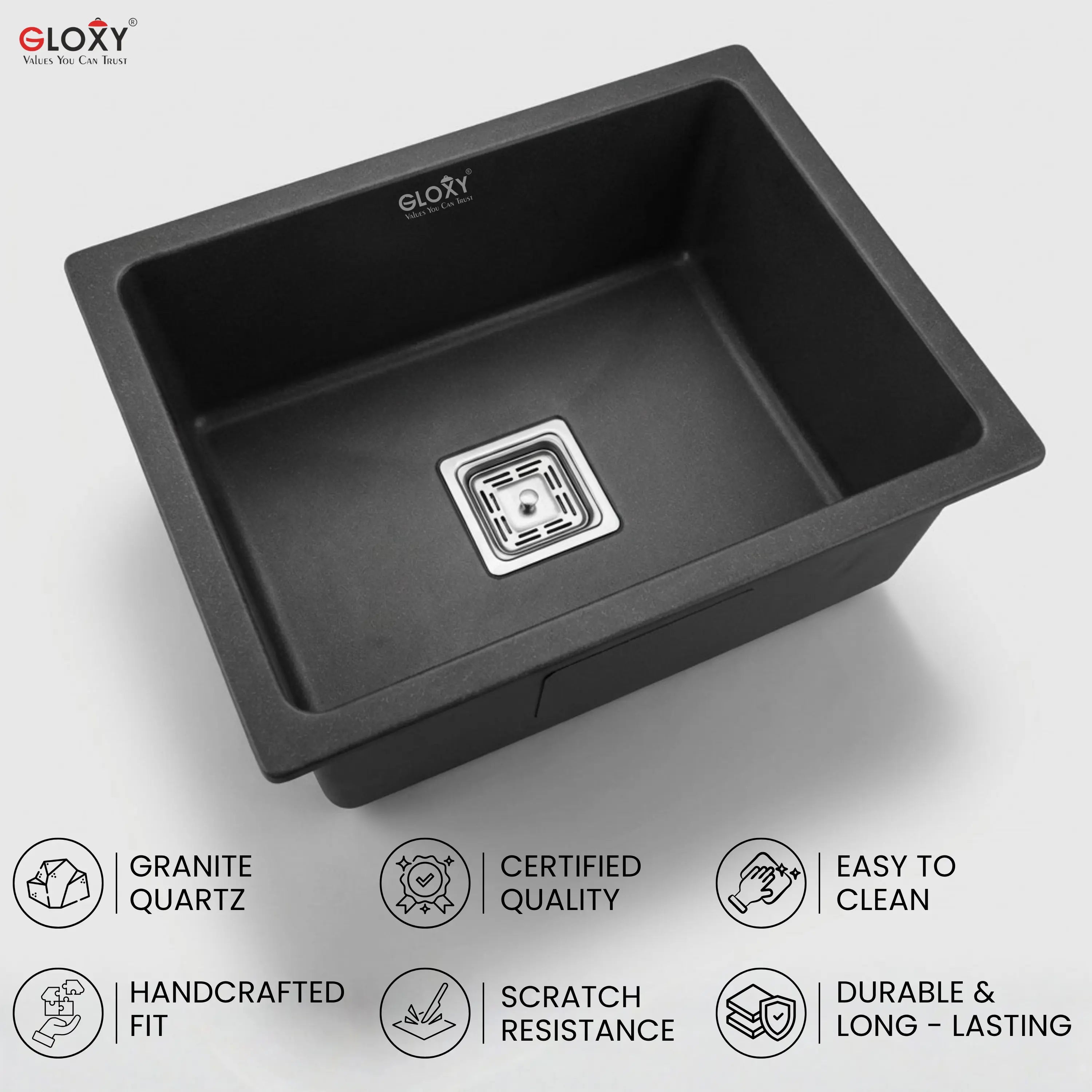 Gloxy Stainless Steel Handmade Single Bowl Quartz Sink For Kitchen 16x18 Inch-Black