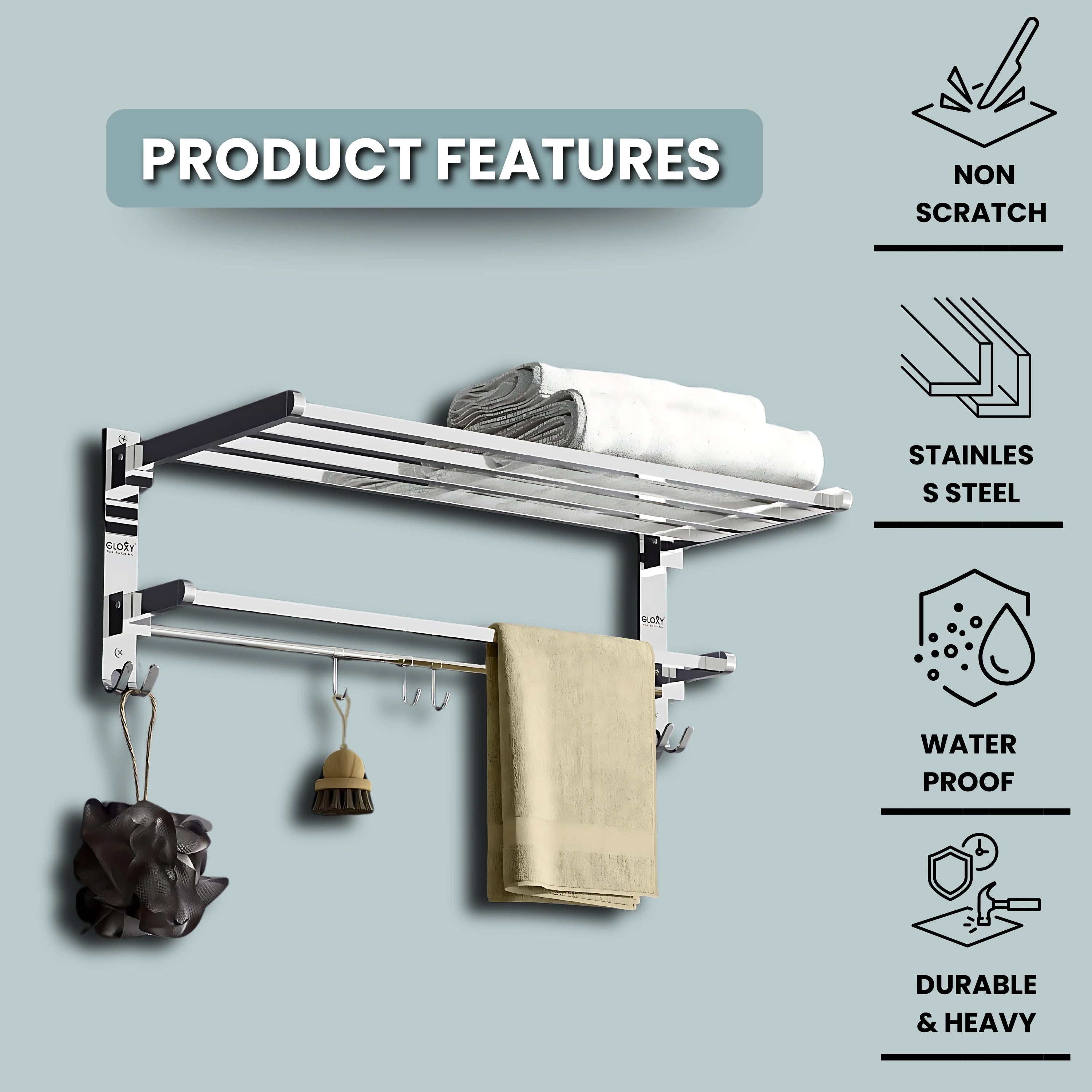 Gloxy Rectangular Shape Stainless Steel Chrome Finsih Foldable Towel Rack-24 Inch