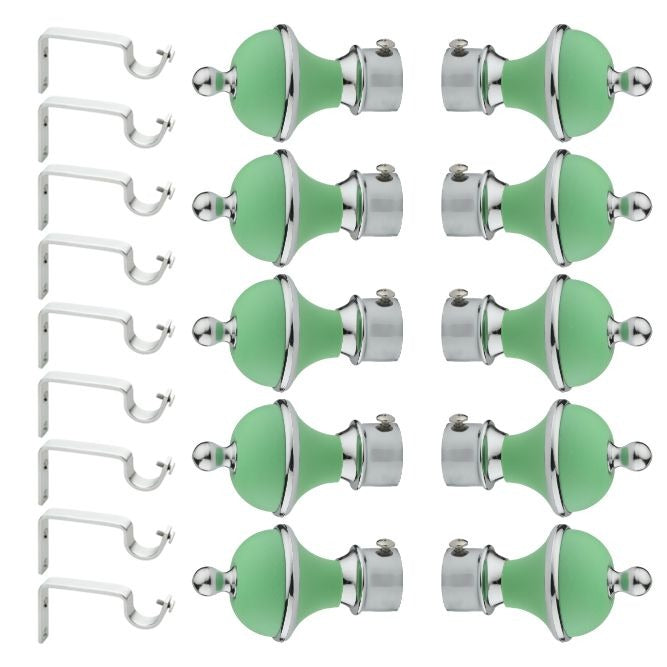 Gloxy Manjira Shape Stainless Steel & ABS Curtain Rod Finials with Support– Green 5 Pair
