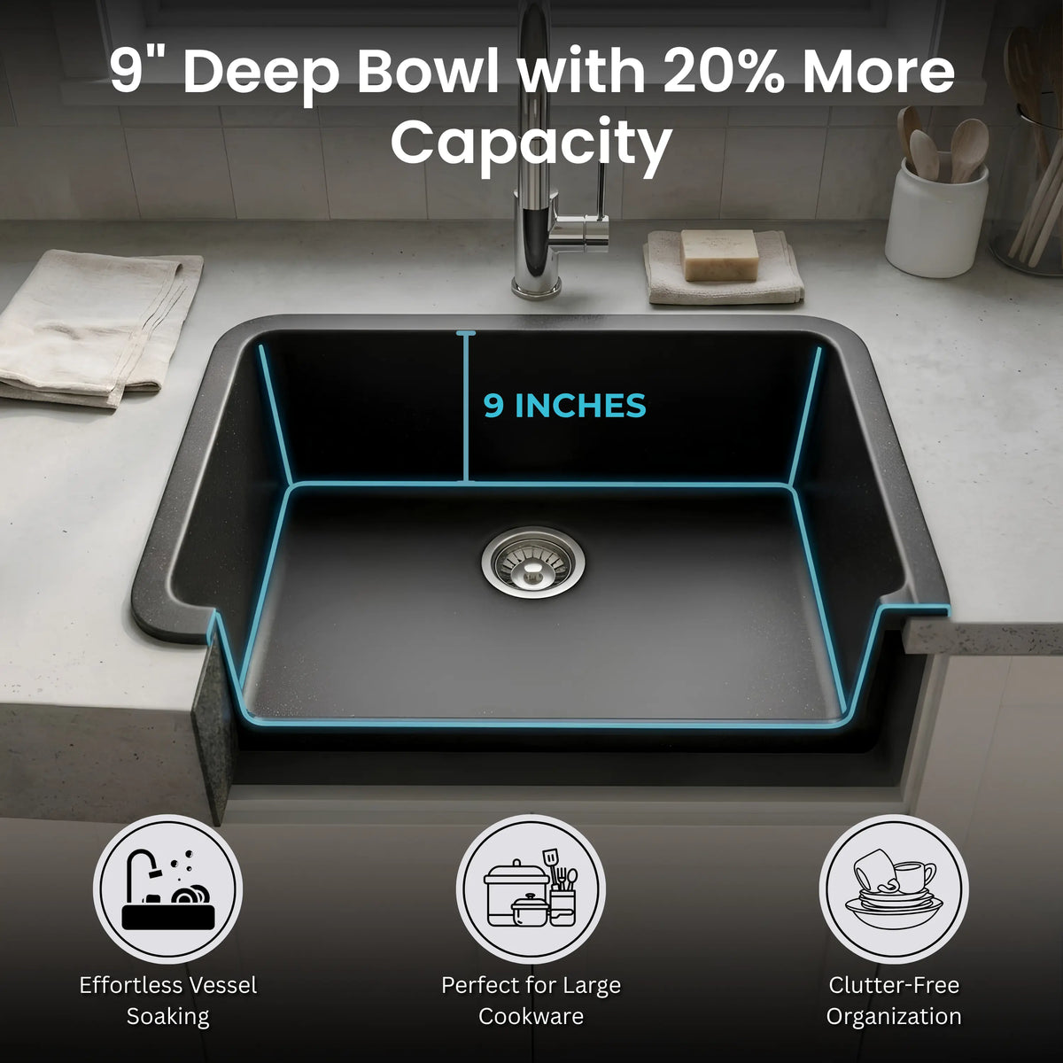 GLOXY Premium Quartz Granite Single Bowl Kitchen Sink 31x19x9 Inches - Matte Black Finish