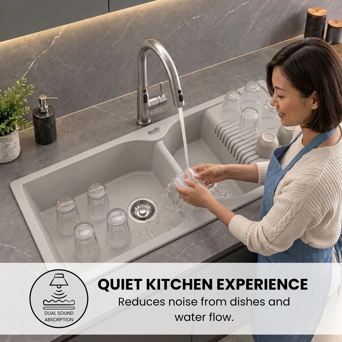 GLOXY Quartz Granite Double Bowl Kitchen Sink with Drain Board | 45 × 20 × 9 Inches (Grey Matte)