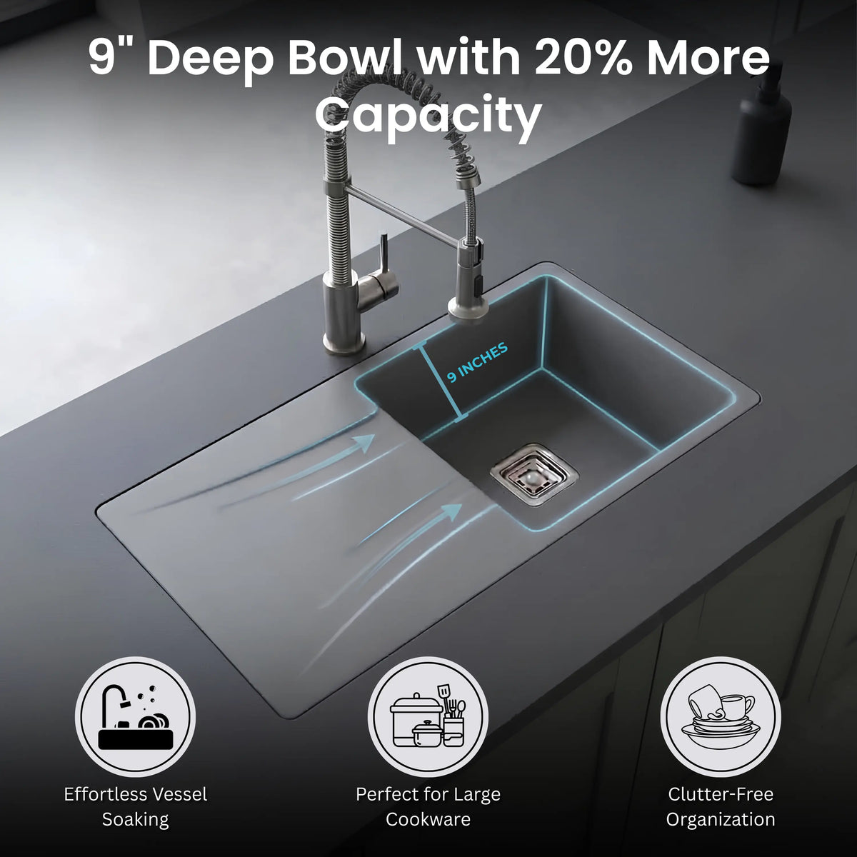 Gloxy Quartz Granite Single Bowl Kitchen Sink with Drain Board | 36 × 18 × 9 Inches (Grey Matte)