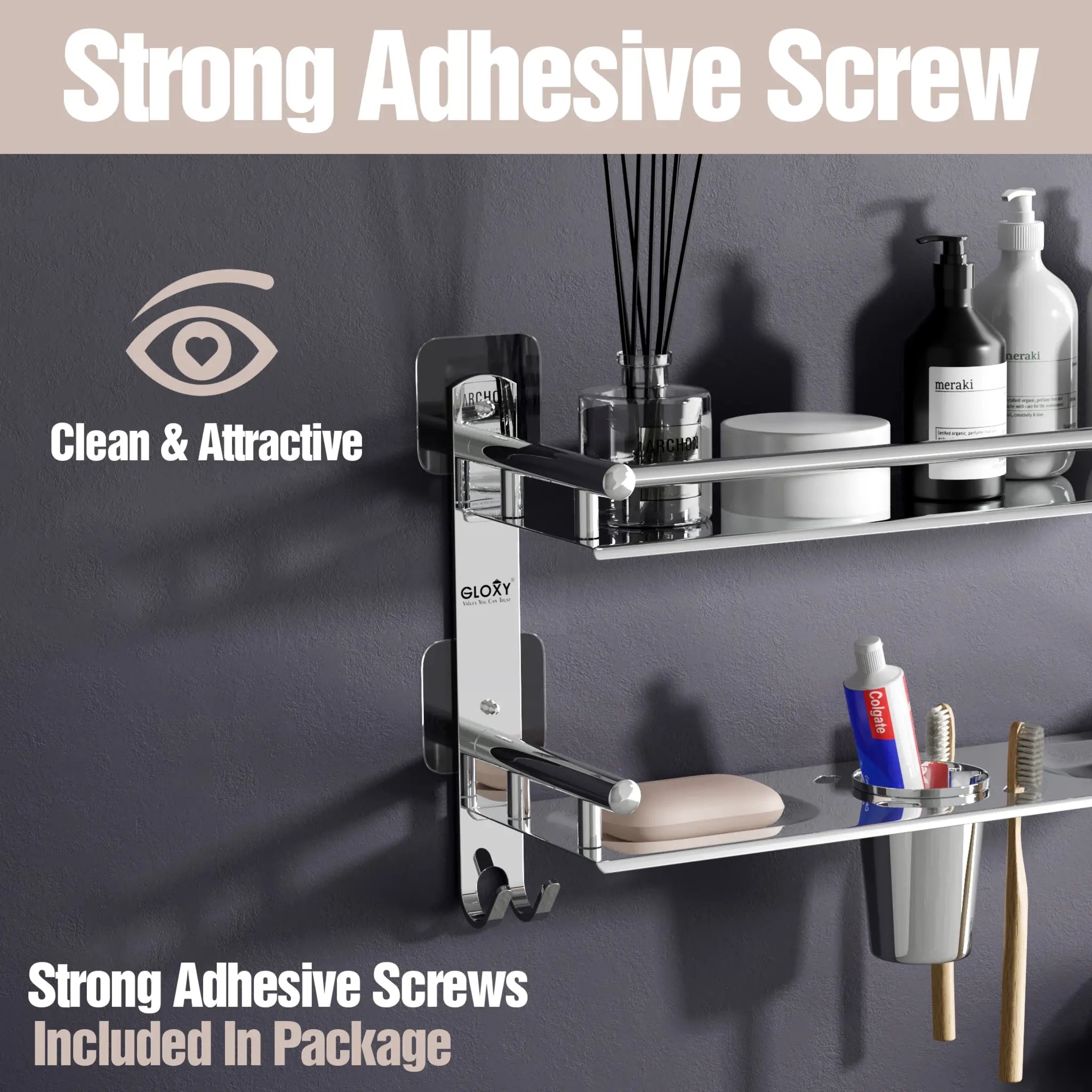 Gloxy Stainless Steel 2-Layer Chrome Finish Bathroom Shelf with Soap Dish, Tumbler Holder, Hooks-Adhesive Sticker Installation