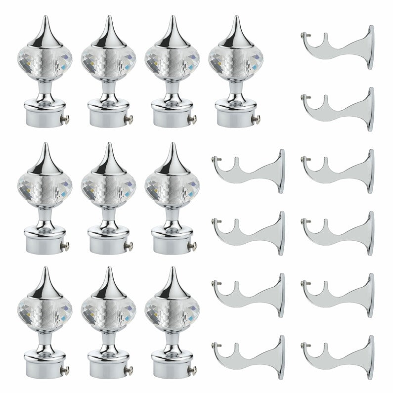 Gloxy Single Diamond Aluminium Curtain Rod Finials with Support– Silver 5 Pair