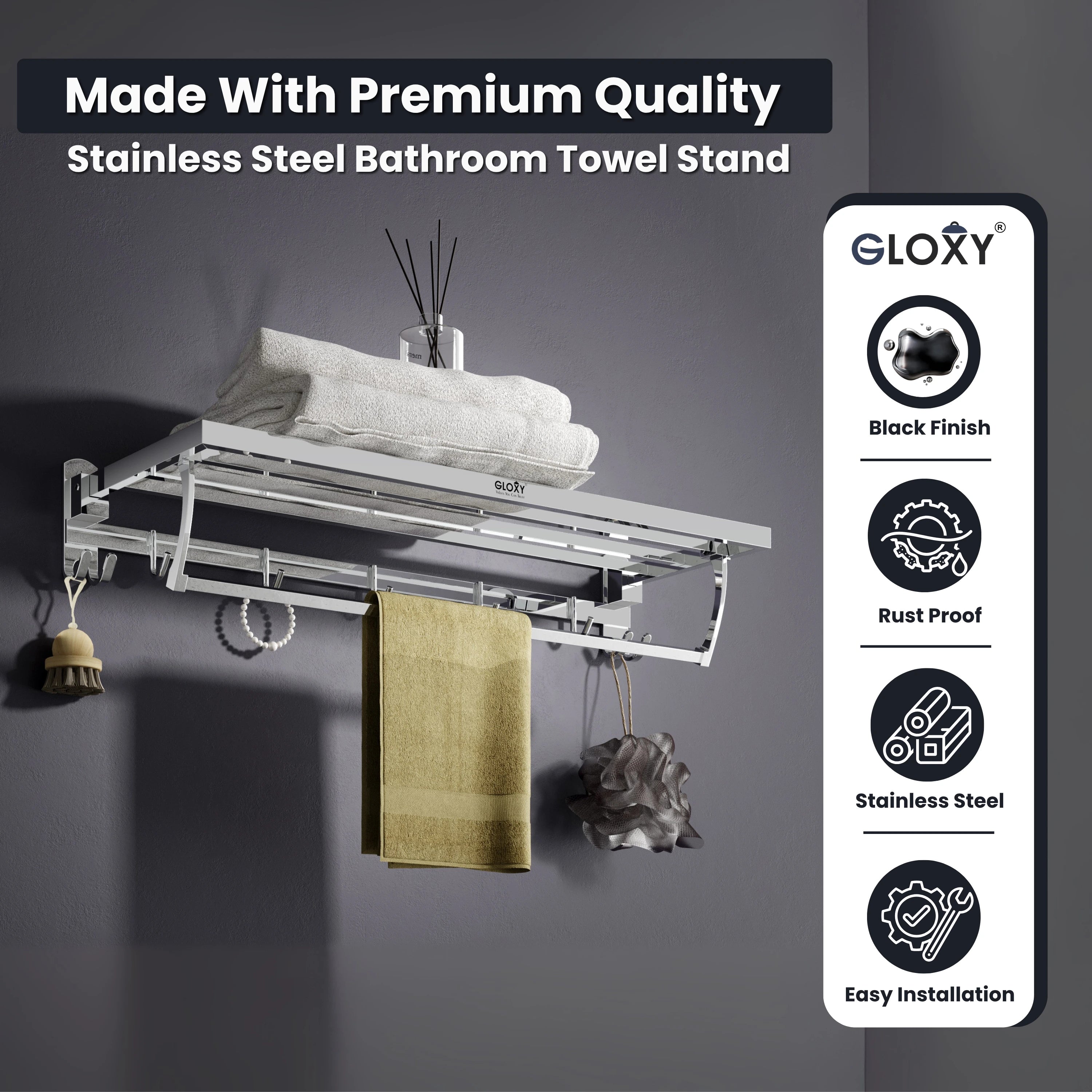 Gloxy Stainless Steel Chrome Finsih Folding Bar Towel Rack with Hook-24 Inch