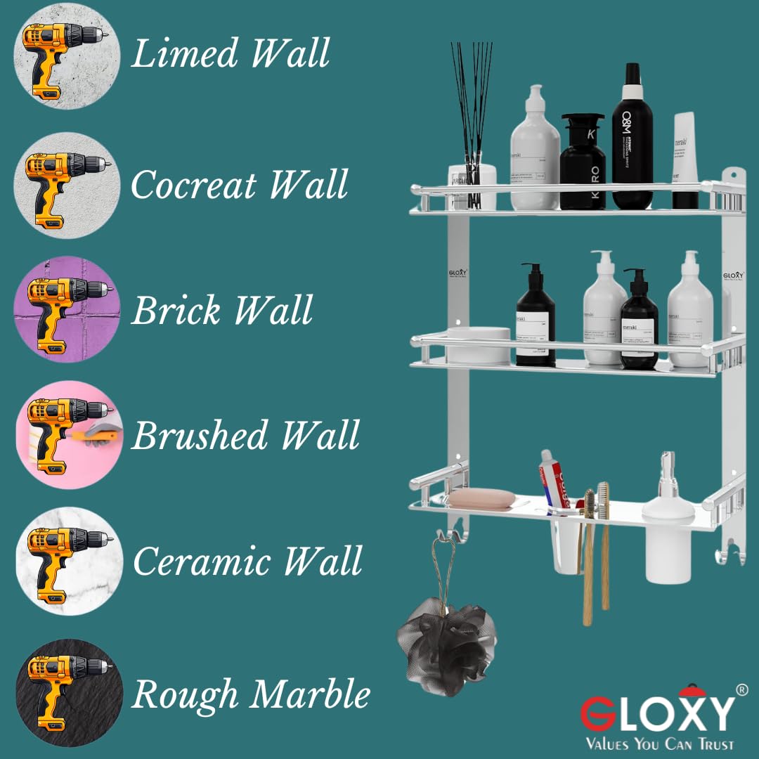 Gloxy Silver Finish 6 in1 Premium Multipurpose Stainless Steel 2 Layer Bathroom Shelf with Soap Dish & Liquid Dispenser
