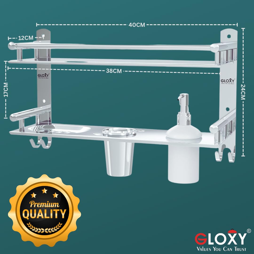 Gloxy Silver Finish 6 in1 Premium Multipurpose Stainless Steel 2 Layer Bathroom Shelf with Soap Dish & Liquid Dispenser