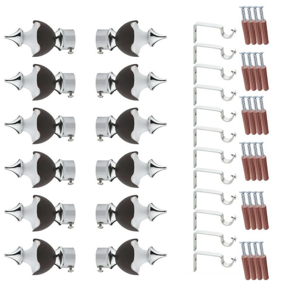 GLOXY Double Colour Stainless Steel & ABS Curtain Bracket Parda Holder with Support 1 Inch Rod Pocket Finials Designer Door and Window Rod Support Fittings, Curtain Rod Holder