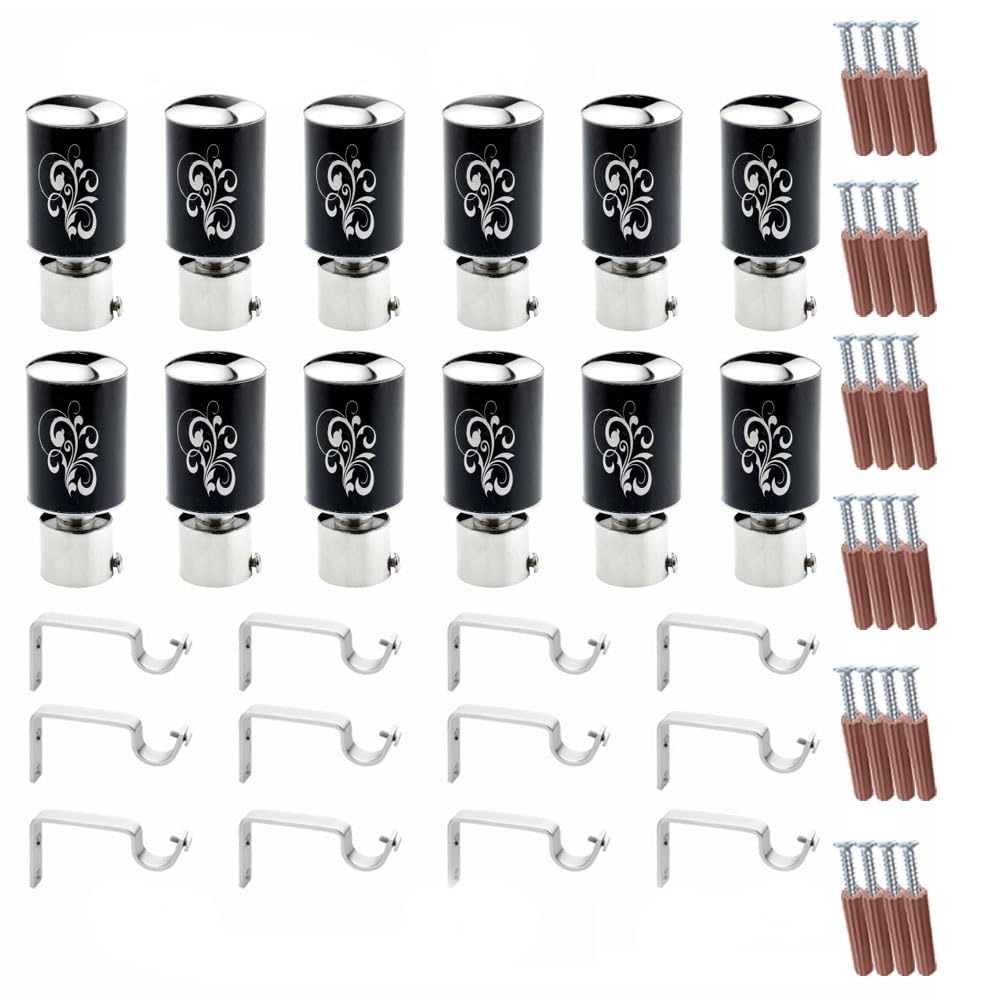GLOXY ENTERPRISE Stainless Steel Floral Print Curtain Brackets Parda Holders with Support Fittings 1 Inch Rod Pocket Finials Designer Door and Window
