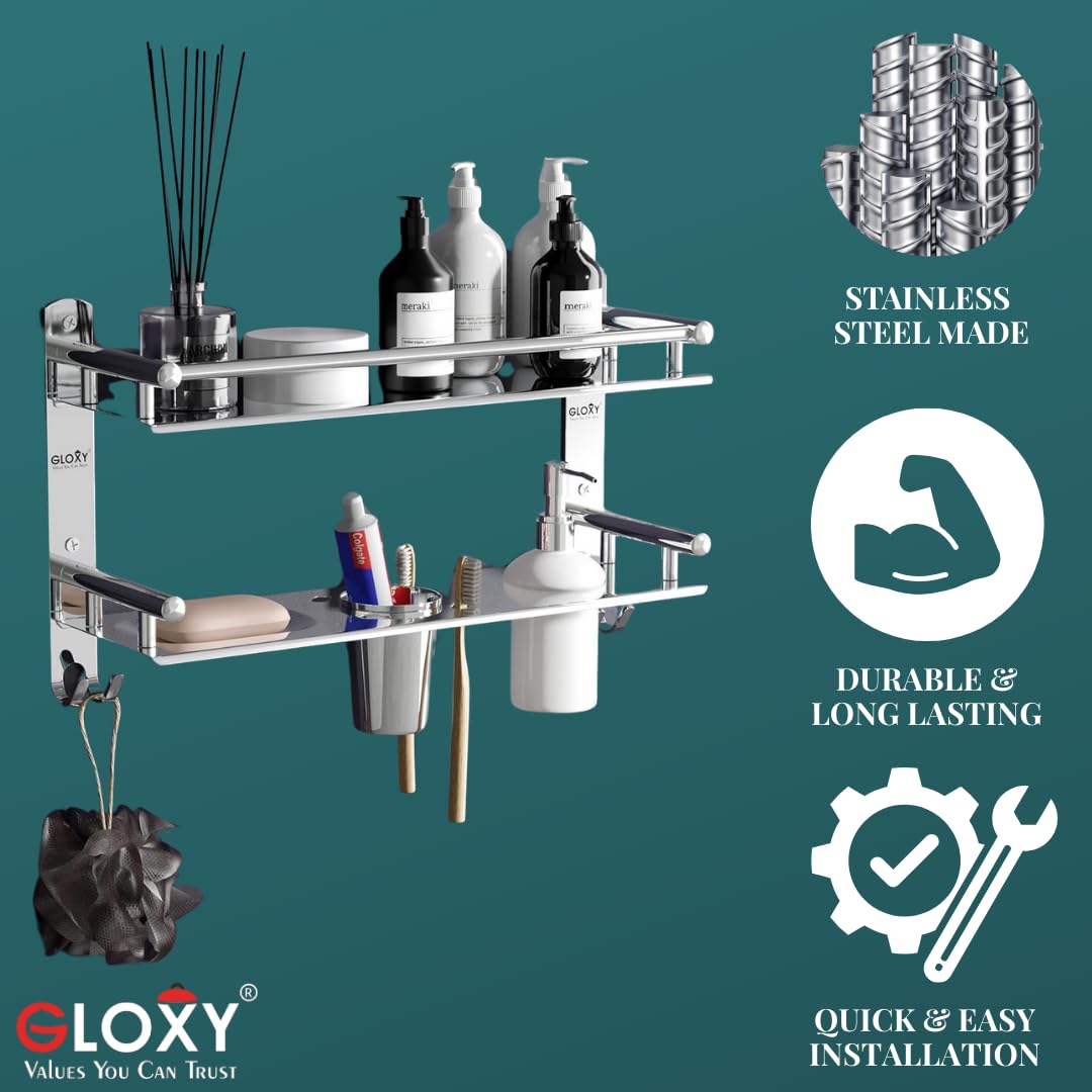 Gloxy Silver Finish 6 in1 Premium Multipurpose Stainless Steel 2 Layer Bathroom Shelf with Soap Dish & Liquid Dispenser