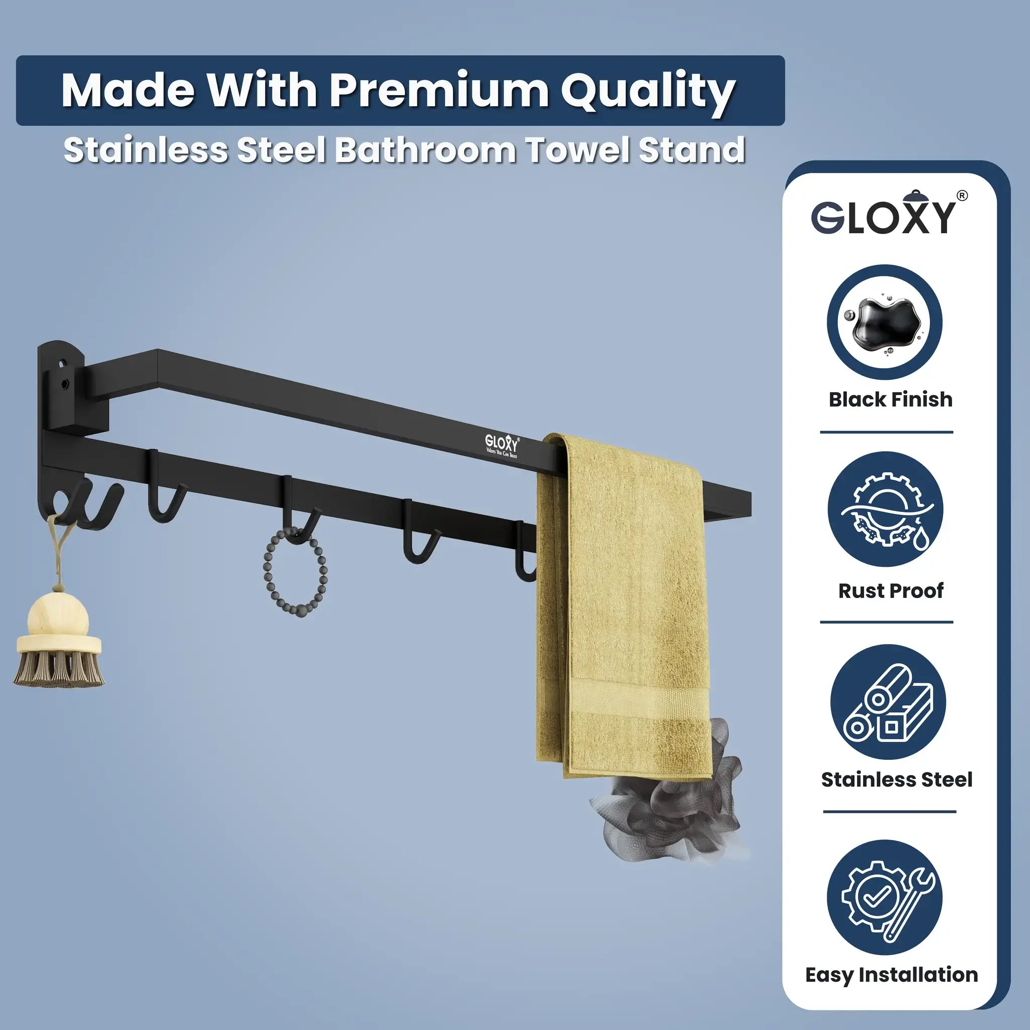 Gloxy Rectangular Shape Stainless Steel Chrome Finish Folding Towel Rod with Adjustable Hooks – 24 Inch