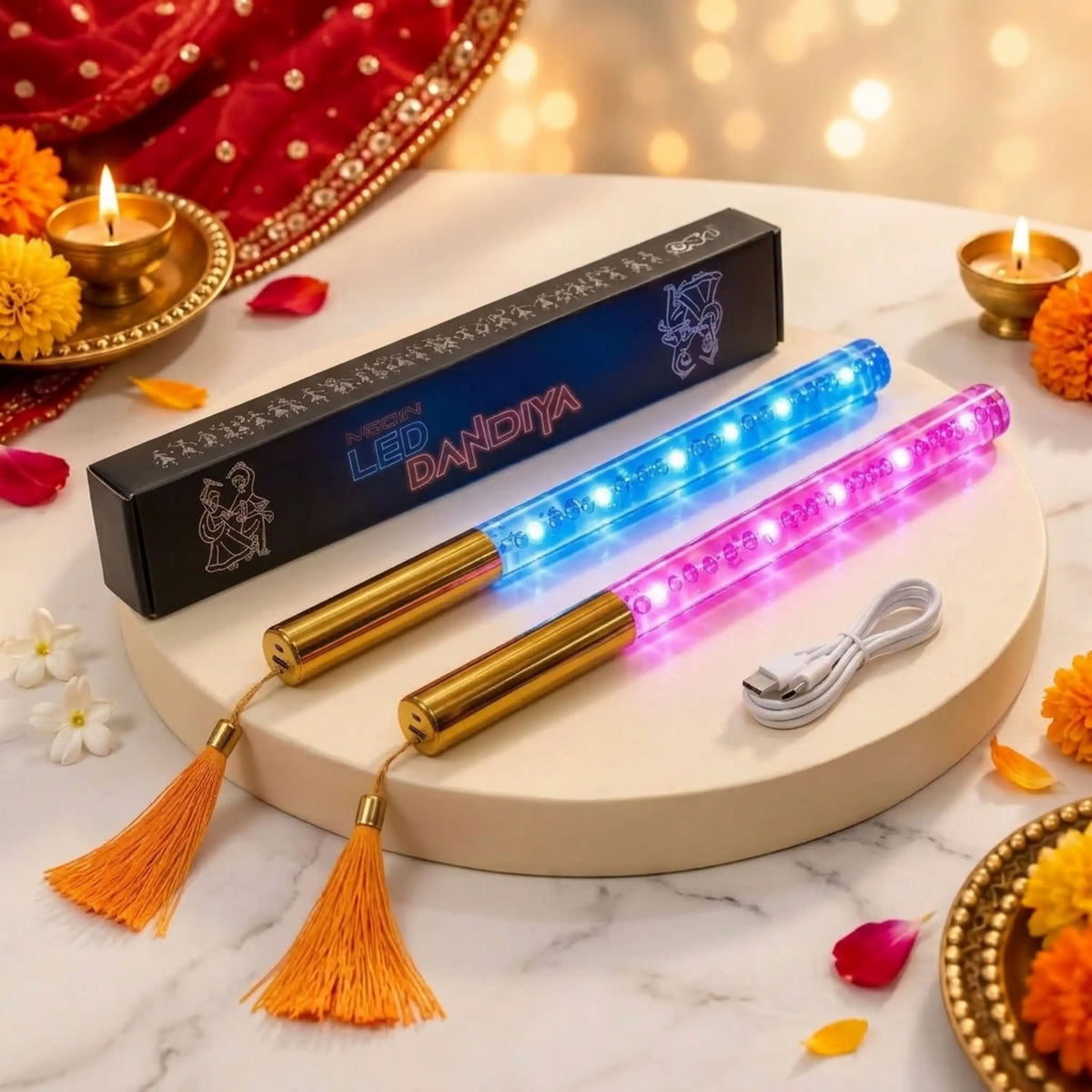 Multi Colour LED Dandiya Sticks for Garba & Navratri – Rechargeable Colour Changing Light Up Dandiya | Gold