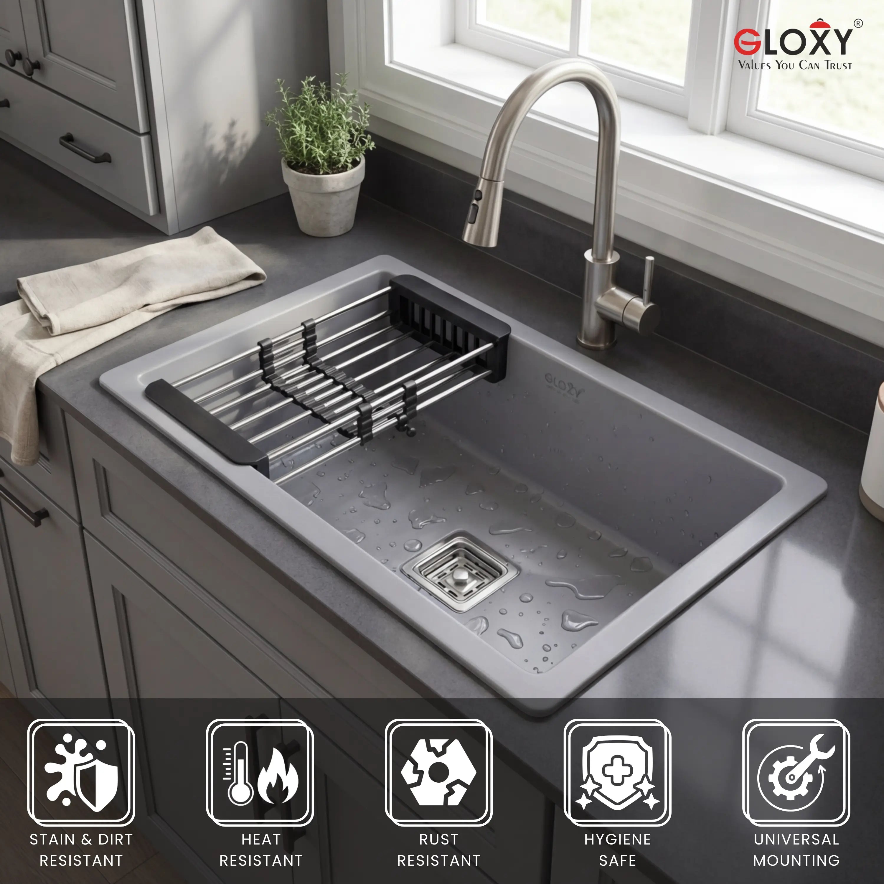 Gloxy Stainless Steel Handmade Single Bowl Quartz Kitchen Sink 21x18 Inch-Grey