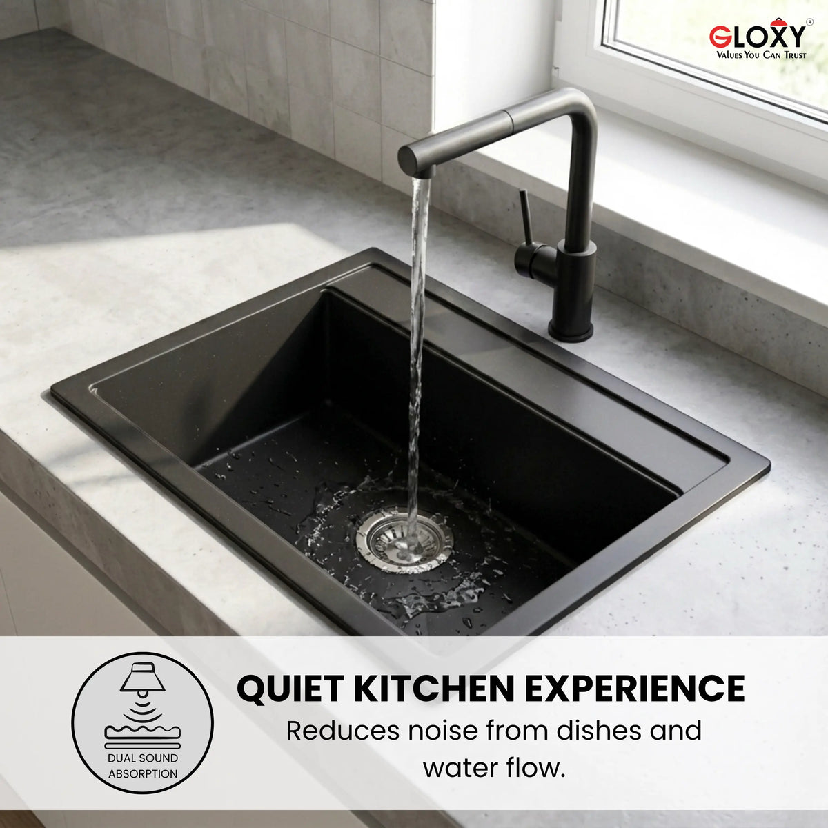 Gloxy Premium Granite Quartz Kitchen Sink 16" x 18" x 9" - Black Matte Finish