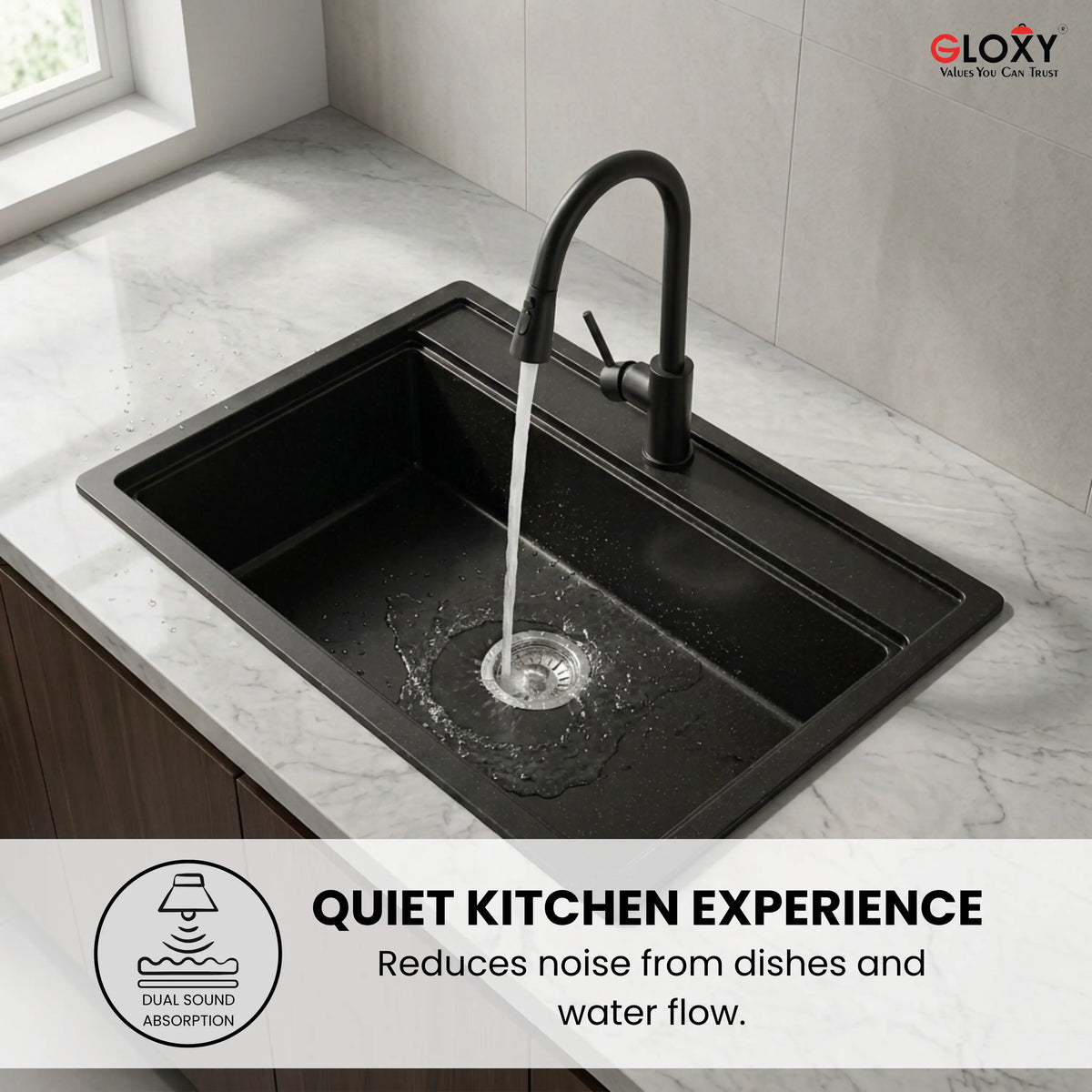 Gloxy Premium Granite Quartz Kitchen Sink 16" x 18" x 9" - Black Matte Finish