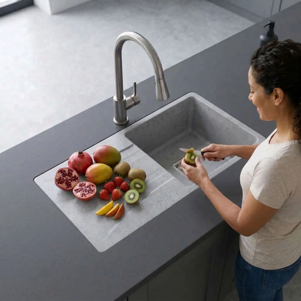 Gloxy Quartz Granite Single Bowl Kitchen Sink with Drain Board | 36 × 18 × 9 Inches (Grey Matte)