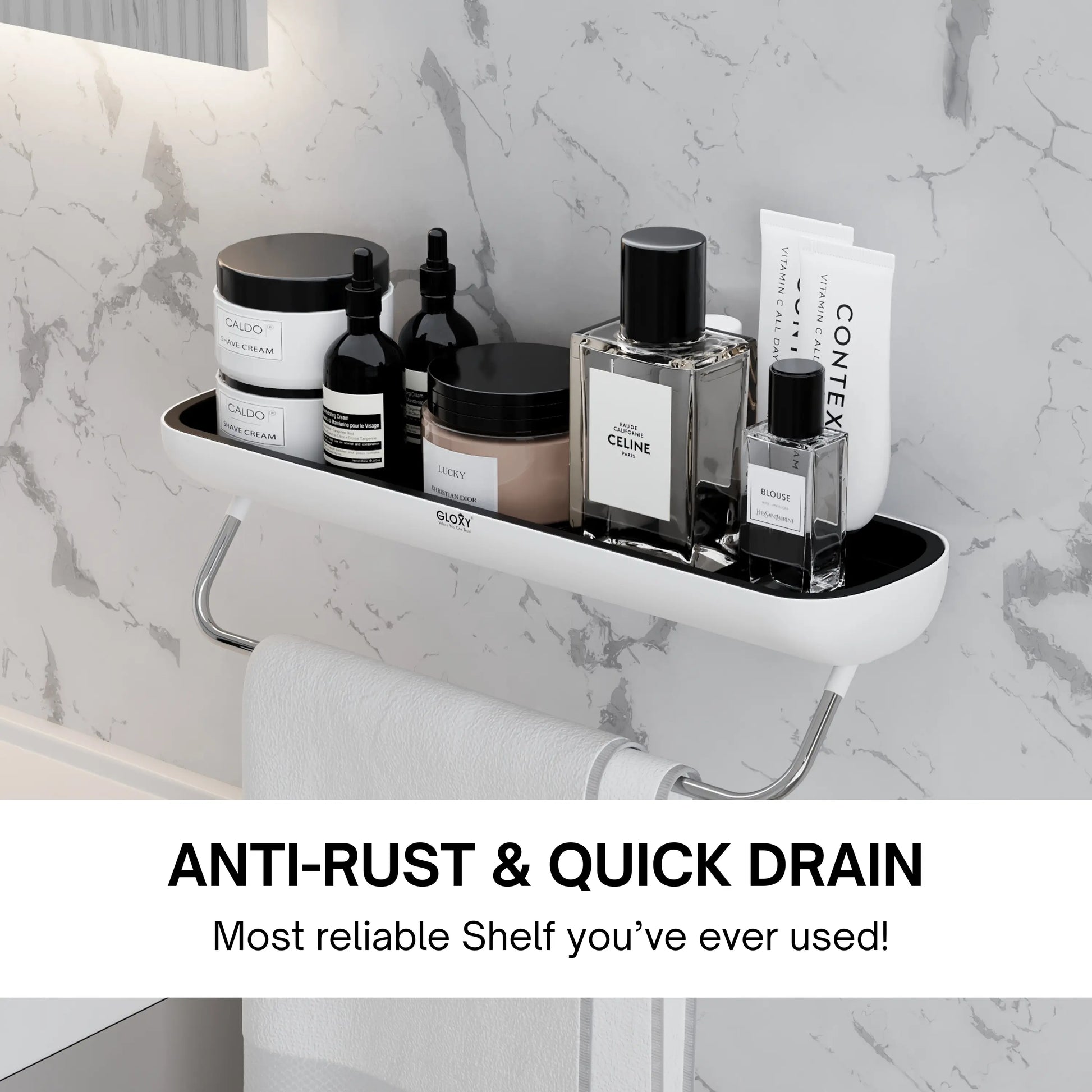 Bathroom shelf with toiletries against a marble wall, featuring text about shelf reliability.