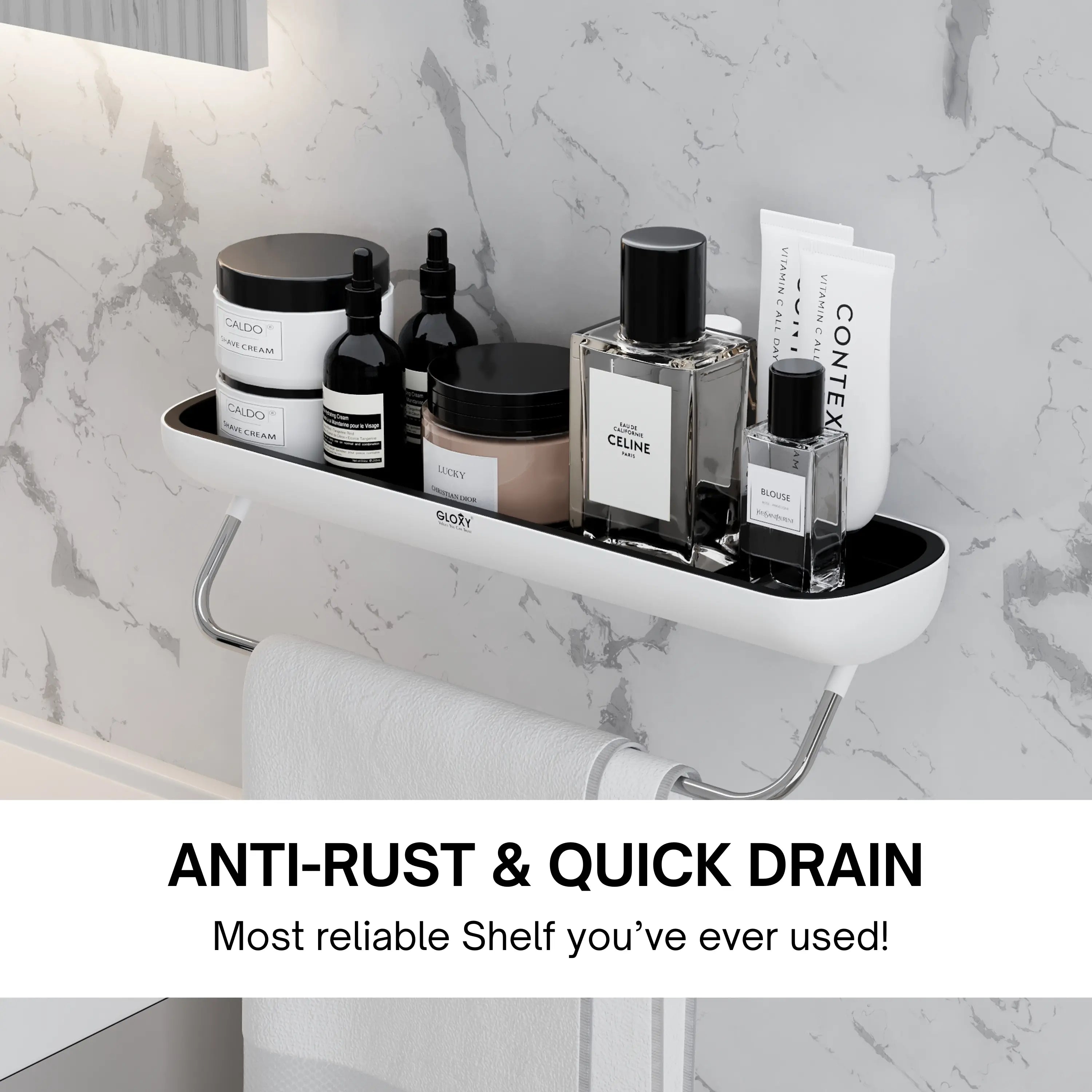 Bathroom shelf with toiletries against a marble wall, featuring text about shelf reliability.
