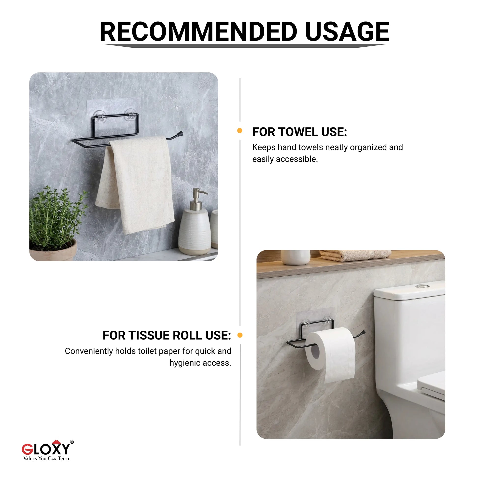 GLOXY towel rack and toilet paper holder with usage instructions on a white background