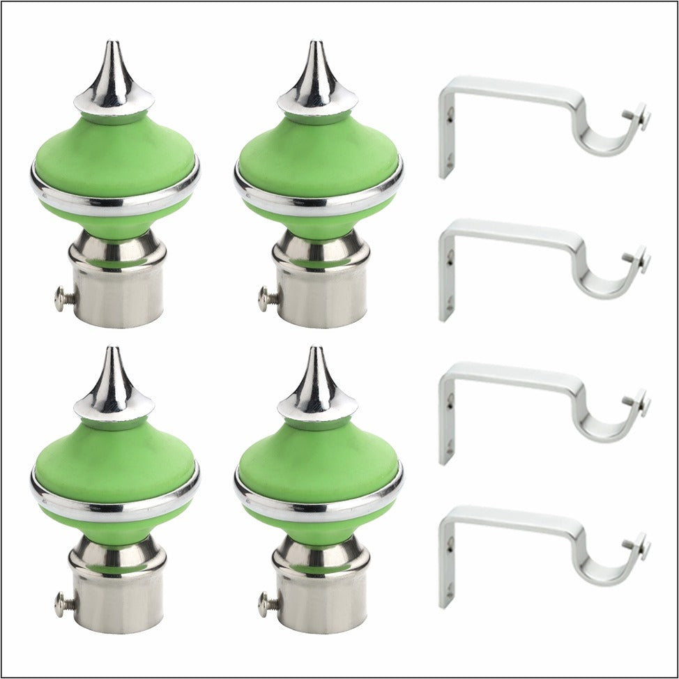 Gloxy Matka Shape Stainless Steel & ABS Curtain Rod Finials with Support– Green 2 Pair