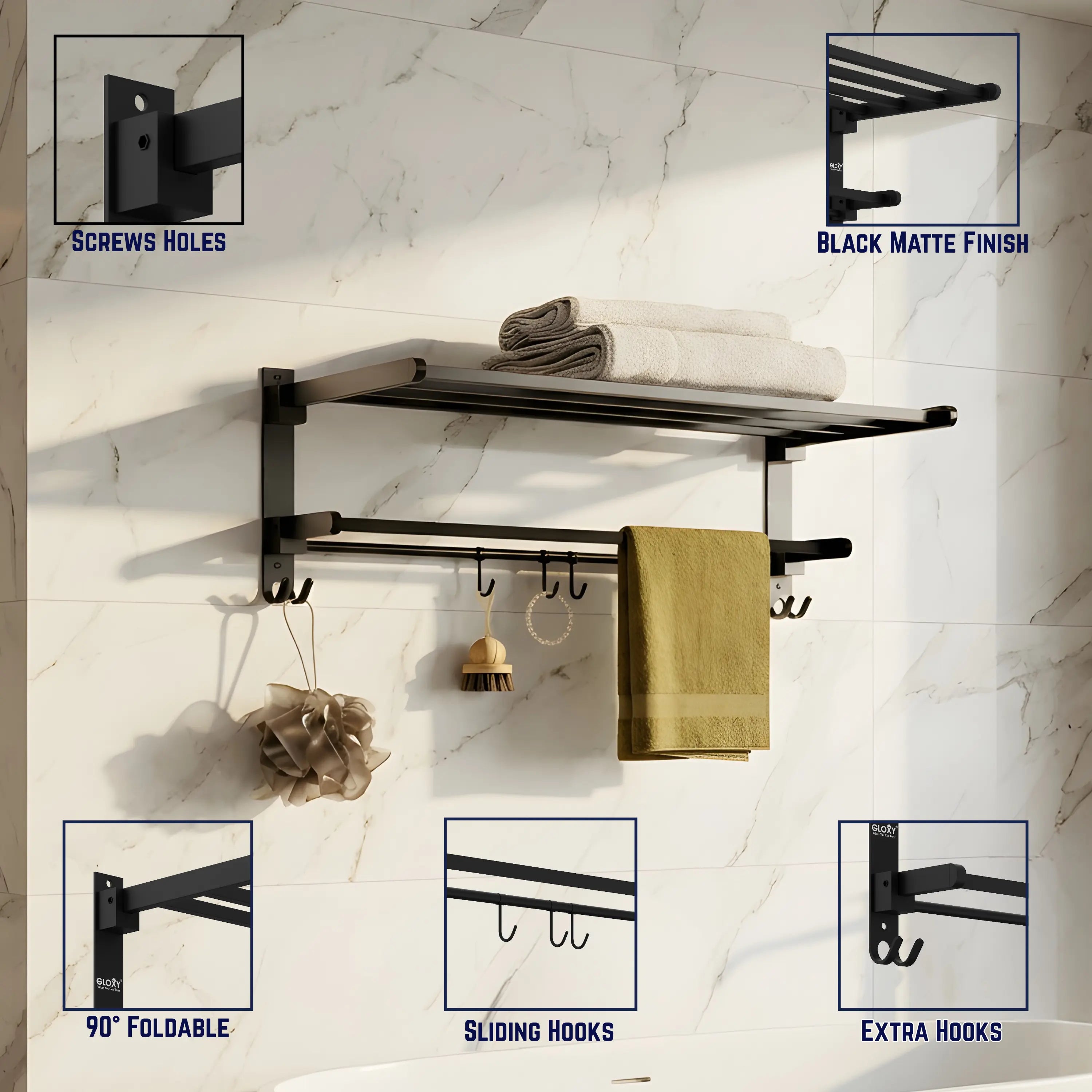 Gloxy Rectangular Shape Stainless Steel Black Finsih Folding 24 Inch Towel Rack For Bathroom