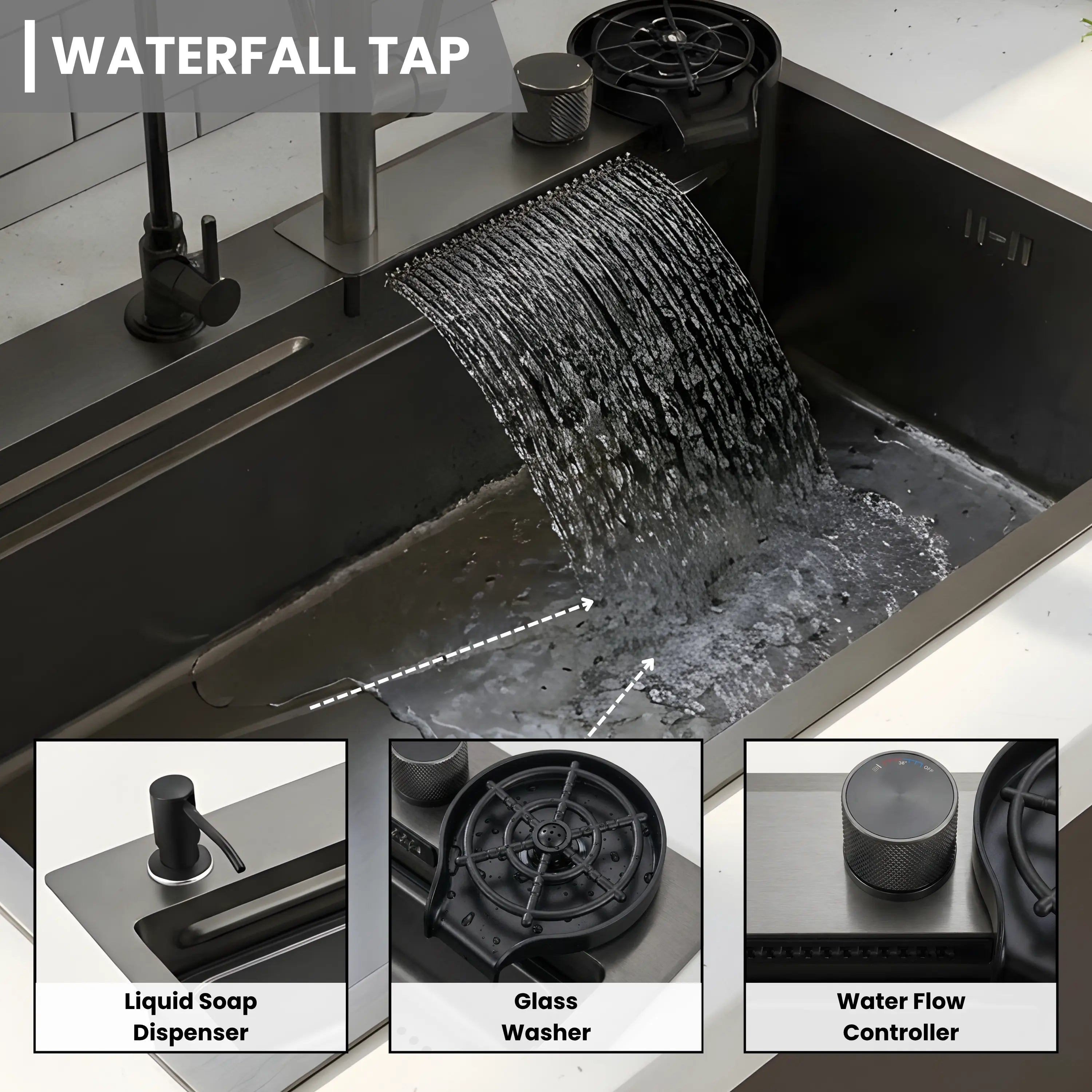 GLOXY Stainless Steel Waterfall Sink With Waterfall Faucet,RO Tap