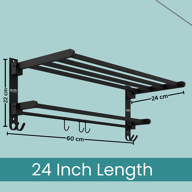 Gloxy Rectangular Shape Stainless Steel Black Finsih Folding 2-Bar Towel Rack with Adjustable Hook-24 Inch