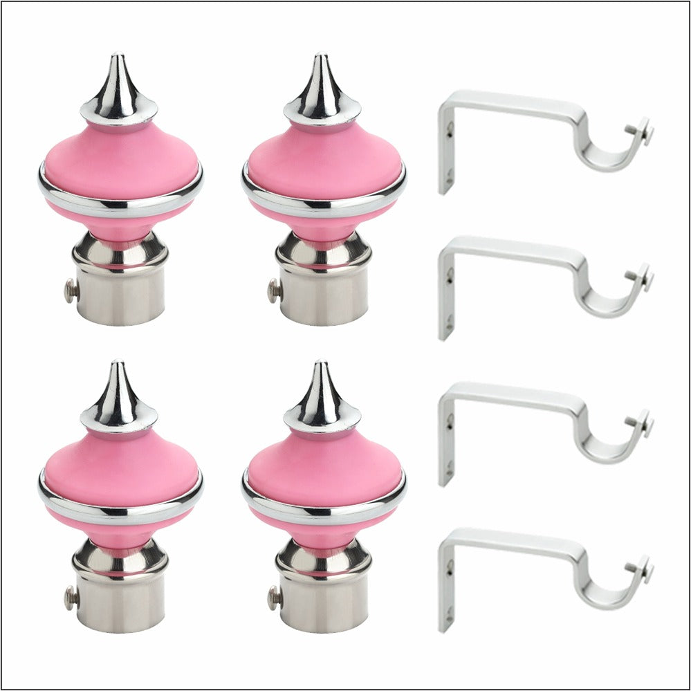 Gloxy Matka Shape Stainless Steel & ABS Curtain Rod Finials with Support– Pink 2 Pair