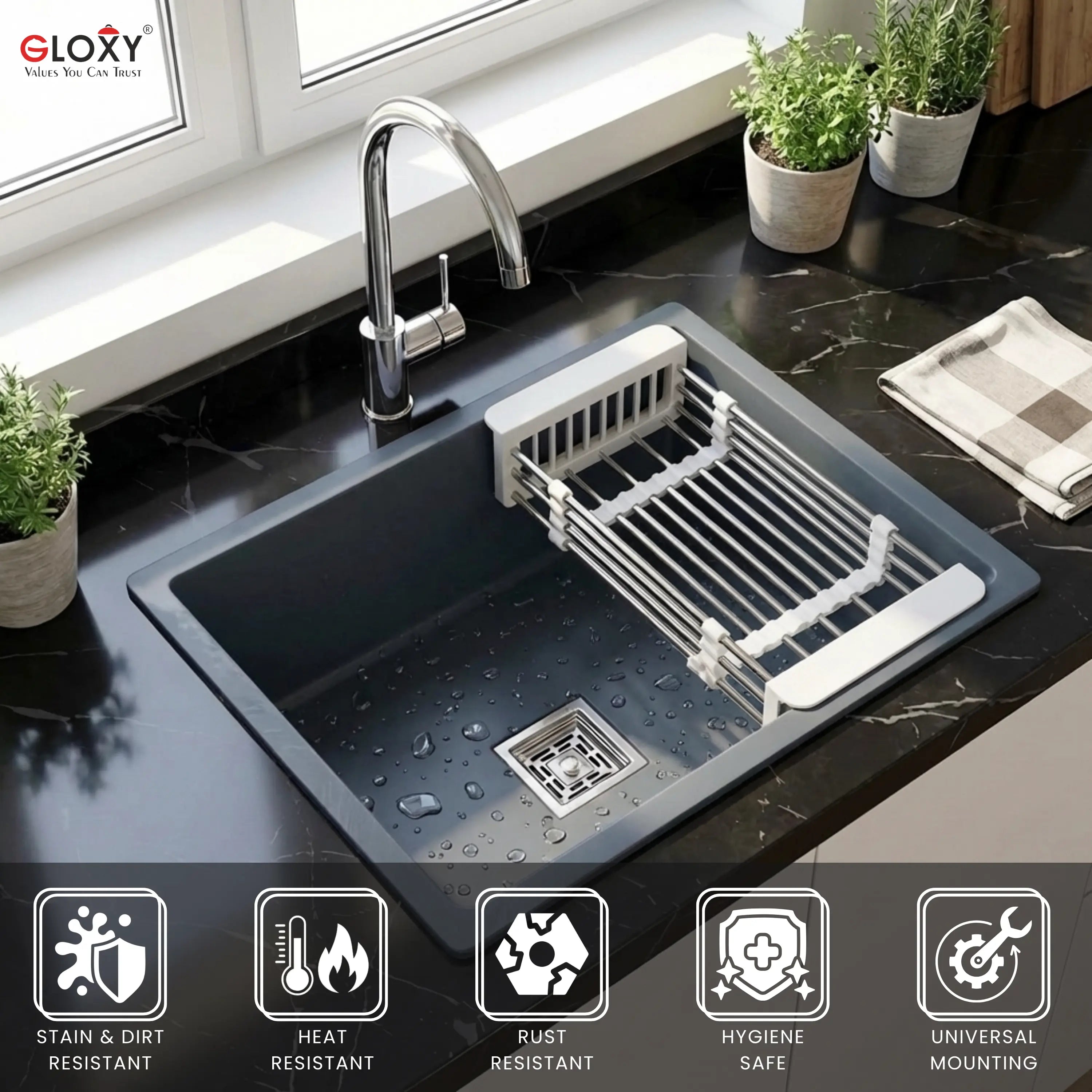 Gloxy Stainless Steel Handmade Single Bowl Kitchen Sink 16x18 Inch-Gray